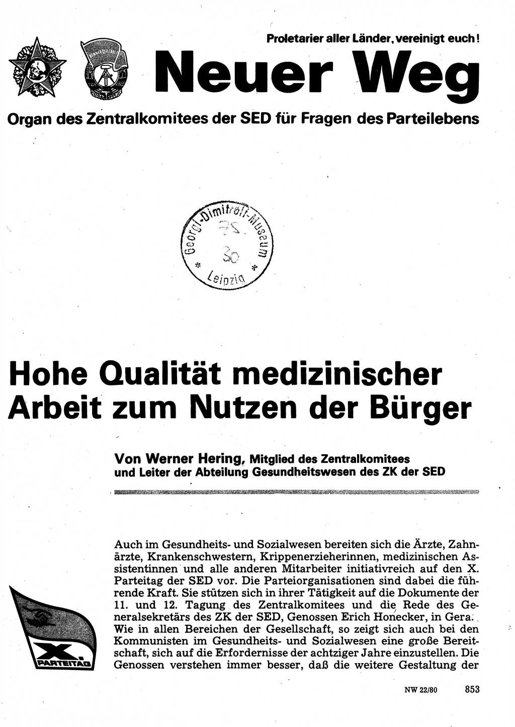 Neuer Weg (NW), Organ des Zentralkomitees (ZK) der SED (Sozialistische Einheitspartei Deutschlands) für Fragen des Parteilebens, 35. Jahrgang [Deutsche Demokratische Republik (DDR)] 1980, Seite 853 (NW ZK SED DDR 1980, S. 853)
