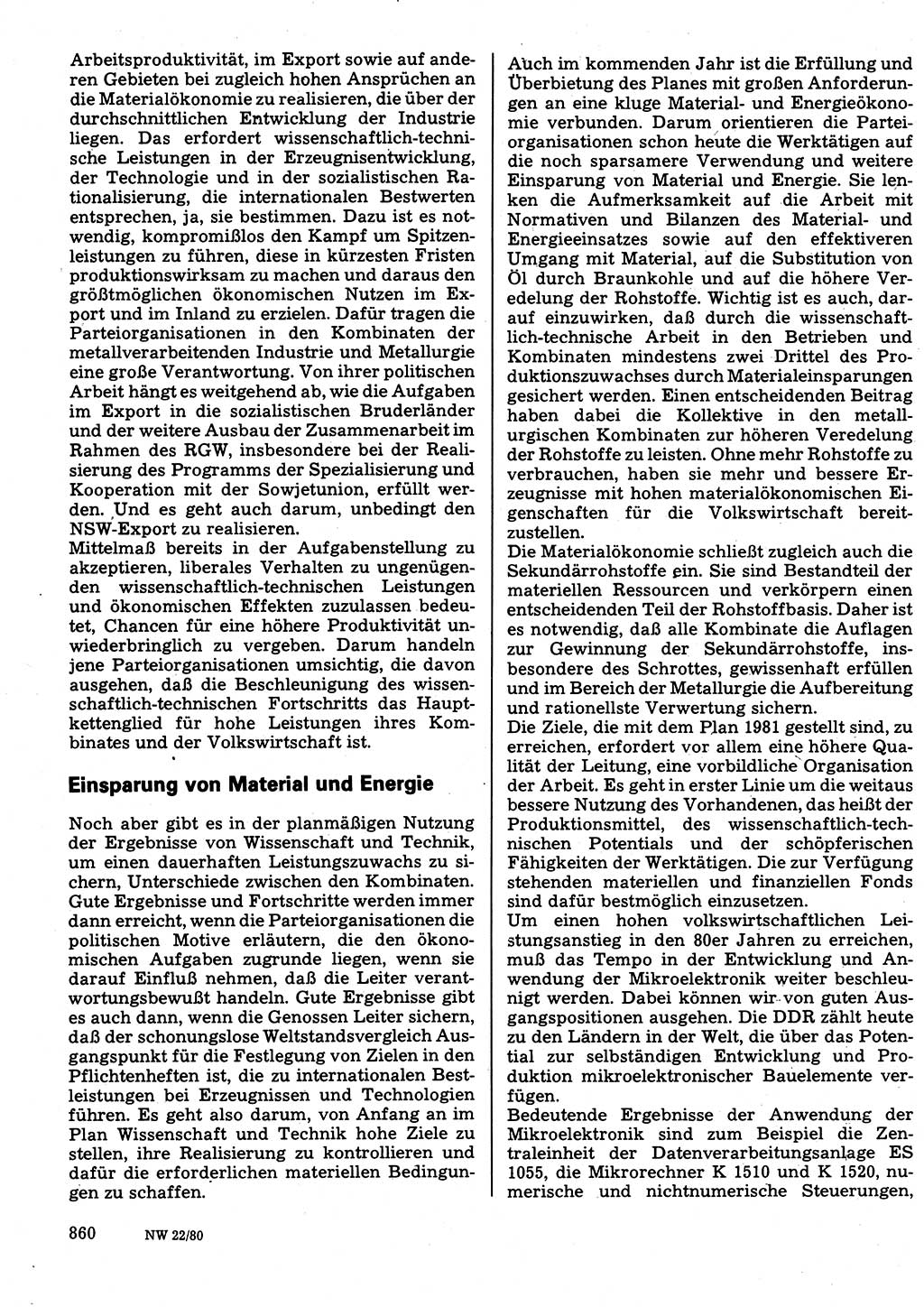 Neuer Weg (NW), Organ des Zentralkomitees (ZK) der SED (Sozialistische Einheitspartei Deutschlands) für Fragen des Parteilebens, 35. Jahrgang [Deutsche Demokratische Republik (DDR)] 1980, Seite 860 (NW ZK SED DDR 1980, S. 860)