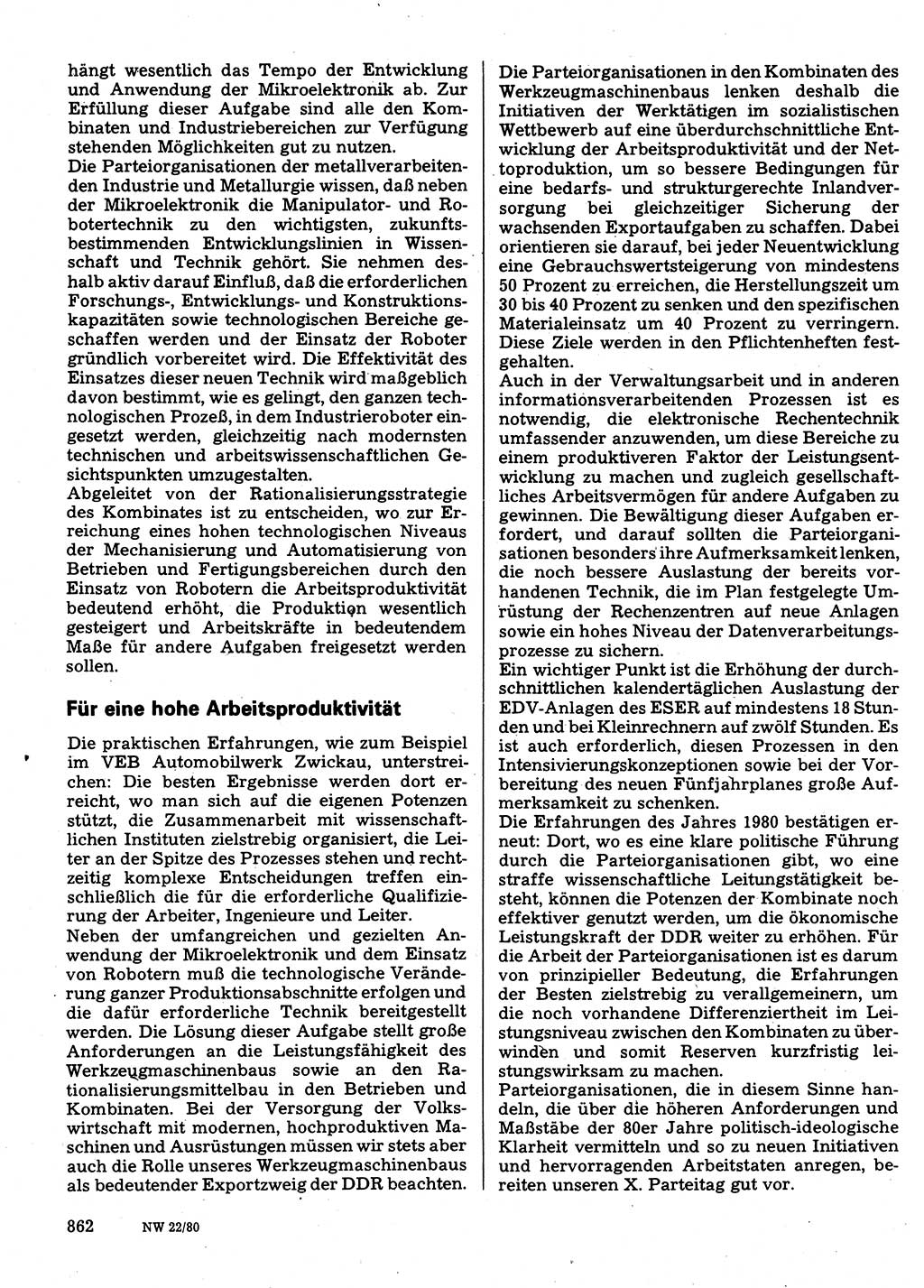Neuer Weg (NW), Organ des Zentralkomitees (ZK) der SED (Sozialistische Einheitspartei Deutschlands) für Fragen des Parteilebens, 35. Jahrgang [Deutsche Demokratische Republik (DDR)] 1980, Seite 862 (NW ZK SED DDR 1980, S. 862)