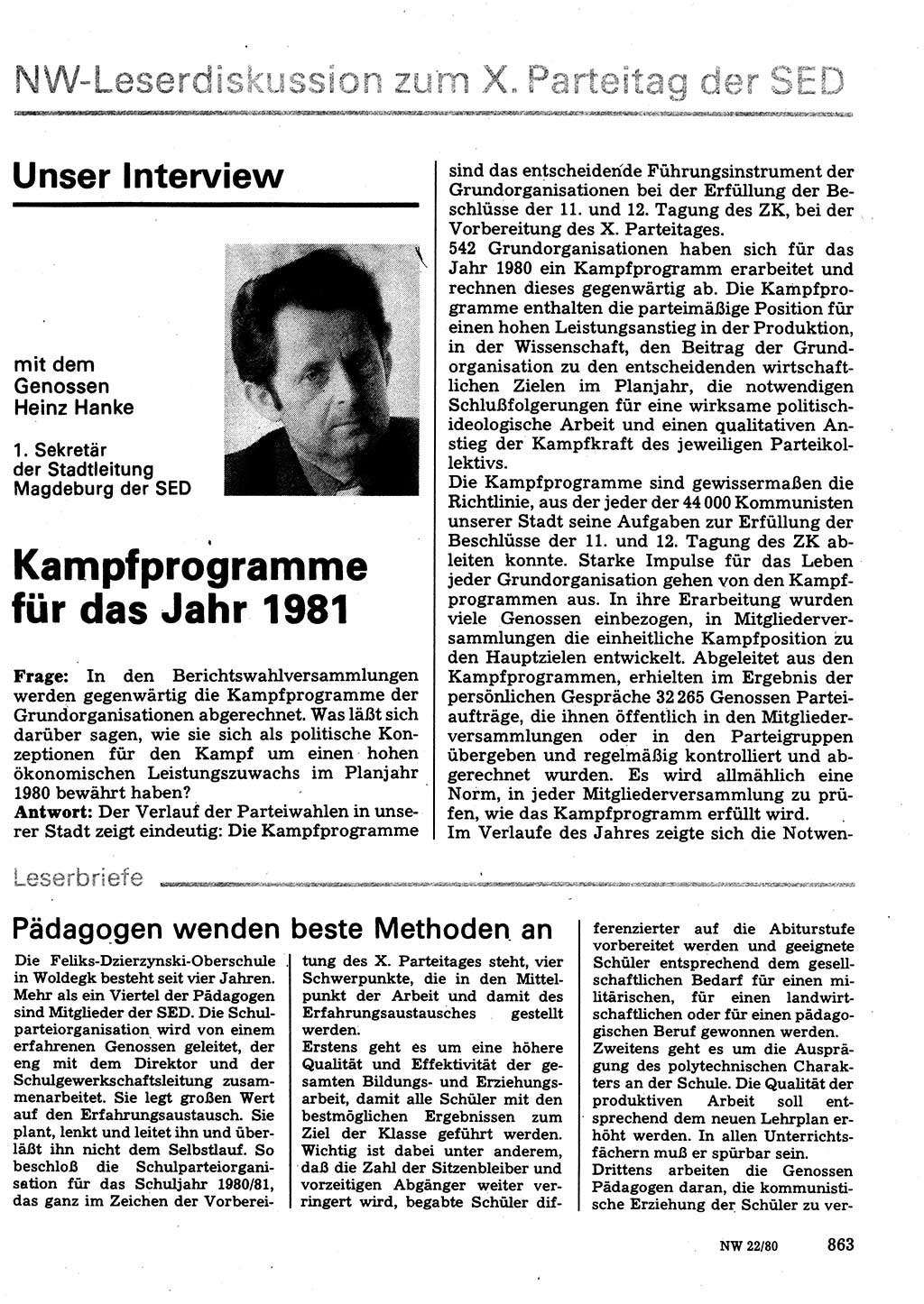 Neuer Weg (NW), Organ des Zentralkomitees (ZK) der SED (Sozialistische Einheitspartei Deutschlands) für Fragen des Parteilebens, 35. Jahrgang [Deutsche Demokratische Republik (DDR)] 1980, Seite 863 (NW ZK SED DDR 1980, S. 863)