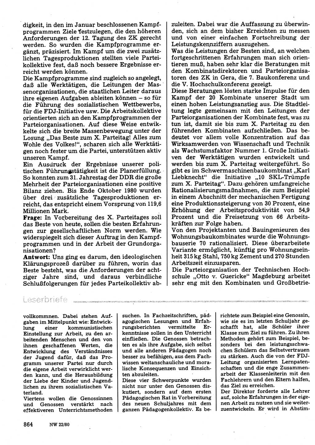 Neuer Weg (NW), Organ des Zentralkomitees (ZK) der SED (Sozialistische Einheitspartei Deutschlands) für Fragen des Parteilebens, 35. Jahrgang [Deutsche Demokratische Republik (DDR)] 1980, Seite 864 (NW ZK SED DDR 1980, S. 864)