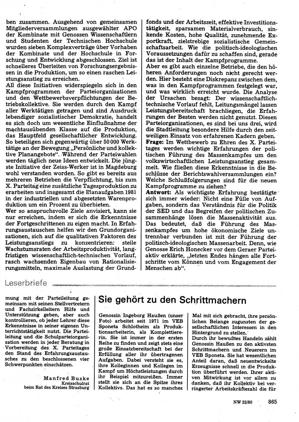 Neuer Weg (NW), Organ des Zentralkomitees (ZK) der SED (Sozialistische Einheitspartei Deutschlands) für Fragen des Parteilebens, 35. Jahrgang [Deutsche Demokratische Republik (DDR)] 1980, Seite 865 (NW ZK SED DDR 1980, S. 865)