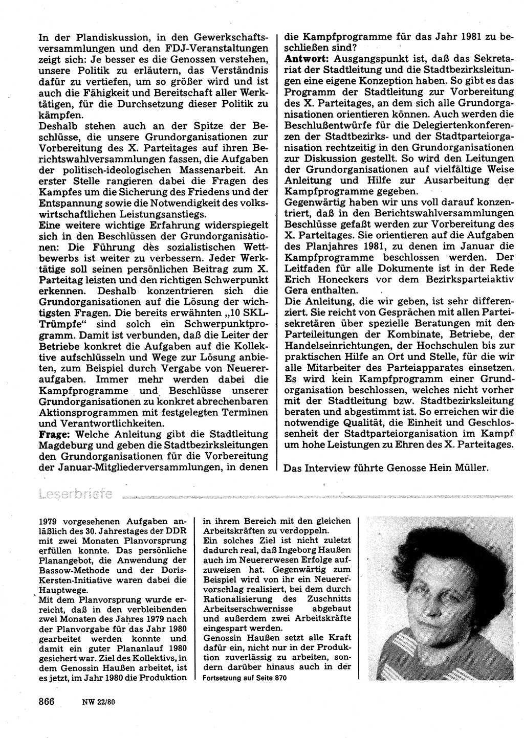 Neuer Weg (NW), Organ des Zentralkomitees (ZK) der SED (Sozialistische Einheitspartei Deutschlands) für Fragen des Parteilebens, 35. Jahrgang [Deutsche Demokratische Republik (DDR)] 1980, Seite 866 (NW ZK SED DDR 1980, S. 866)
