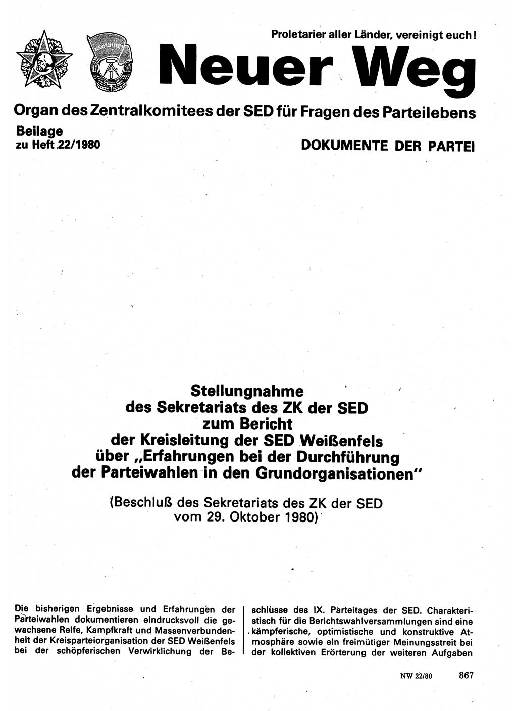 Neuer Weg (NW), Organ des Zentralkomitees (ZK) der SED (Sozialistische Einheitspartei Deutschlands) für Fragen des Parteilebens, 35. Jahrgang [Deutsche Demokratische Republik (DDR)] 1980, Seite 867 (NW ZK SED DDR 1980, S. 867)