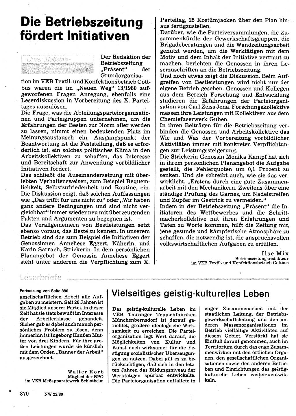 Neuer Weg (NW), Organ des Zentralkomitees (ZK) der SED (Sozialistische Einheitspartei Deutschlands) für Fragen des Parteilebens, 35. Jahrgang [Deutsche Demokratische Republik (DDR)] 1980, Seite 870 (NW ZK SED DDR 1980, S. 870)