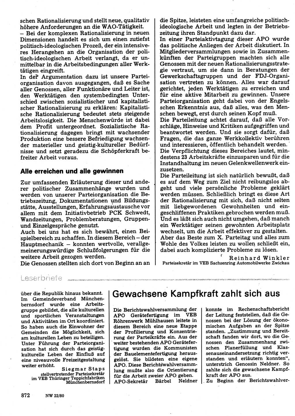 Neuer Weg (NW), Organ des Zentralkomitees (ZK) der SED (Sozialistische Einheitspartei Deutschlands) für Fragen des Parteilebens, 35. Jahrgang [Deutsche Demokratische Republik (DDR)] 1980, Seite 872 (NW ZK SED DDR 1980, S. 872)