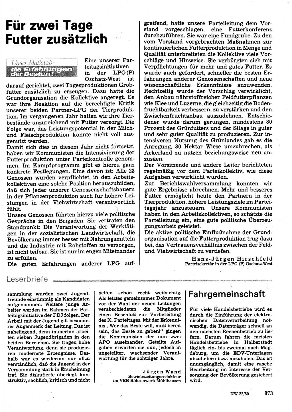 Neuer Weg (NW), Organ des Zentralkomitees (ZK) der SED (Sozialistische Einheitspartei Deutschlands) für Fragen des Parteilebens, 35. Jahrgang [Deutsche Demokratische Republik (DDR)] 1980, Seite 873 (NW ZK SED DDR 1980, S. 873)