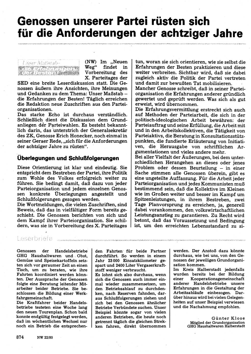 Neuer Weg (NW), Organ des Zentralkomitees (ZK) der SED (Sozialistische Einheitspartei Deutschlands) für Fragen des Parteilebens, 35. Jahrgang [Deutsche Demokratische Republik (DDR)] 1980, Seite 874 (NW ZK SED DDR 1980, S. 874)