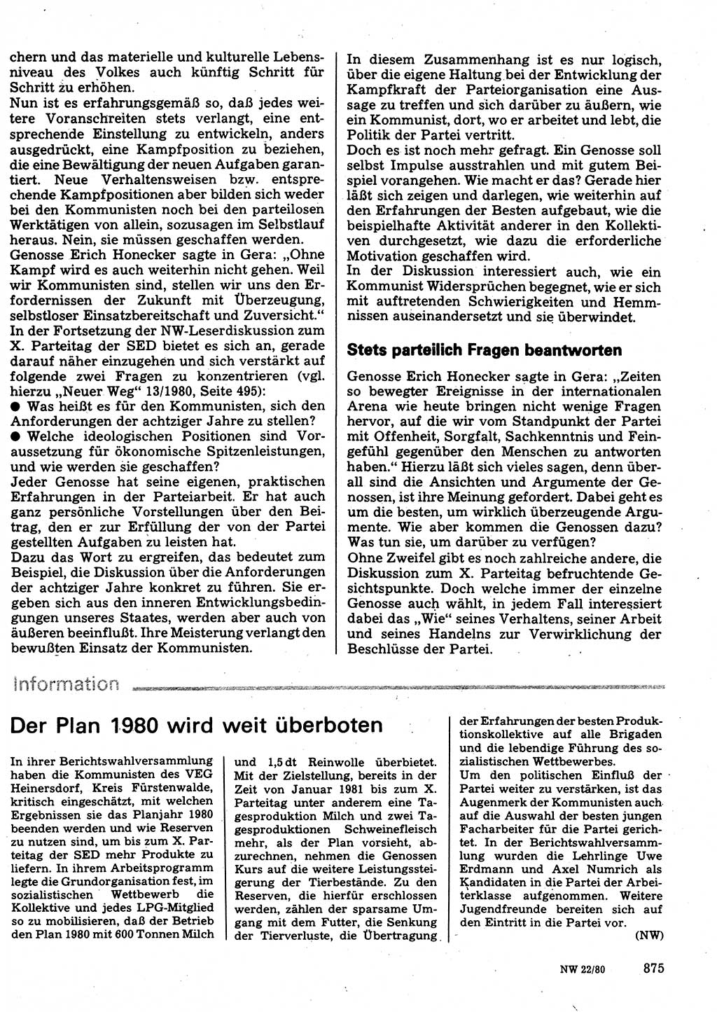 Neuer Weg (NW), Organ des Zentralkomitees (ZK) der SED (Sozialistische Einheitspartei Deutschlands) für Fragen des Parteilebens, 35. Jahrgang [Deutsche Demokratische Republik (DDR)] 1980, Seite 875 (NW ZK SED DDR 1980, S. 875)