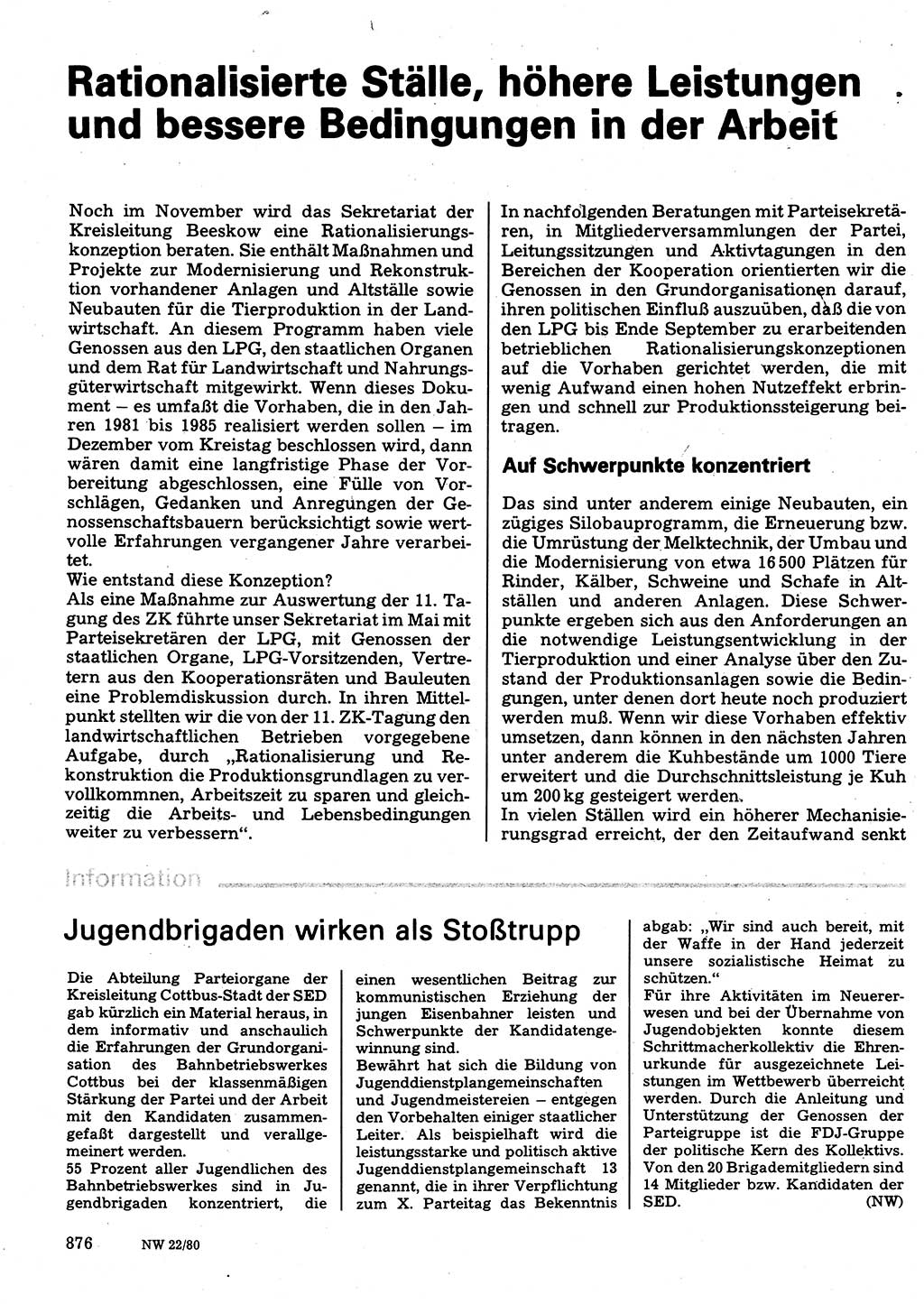 Neuer Weg (NW), Organ des Zentralkomitees (ZK) der SED (Sozialistische Einheitspartei Deutschlands) für Fragen des Parteilebens, 35. Jahrgang [Deutsche Demokratische Republik (DDR)] 1980, Seite 876 (NW ZK SED DDR 1980, S. 876)