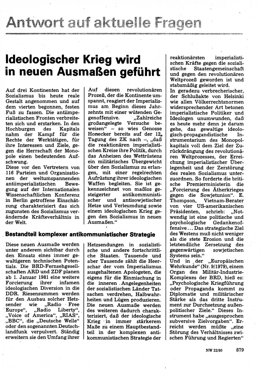 Neuer Weg (NW), Organ des Zentralkomitees (ZK) der SED (Sozialistische Einheitspartei Deutschlands) für Fragen des Parteilebens, 35. Jahrgang [Deutsche Demokratische Republik (DDR)] 1980, Seite 879 (NW ZK SED DDR 1980, S. 879)
