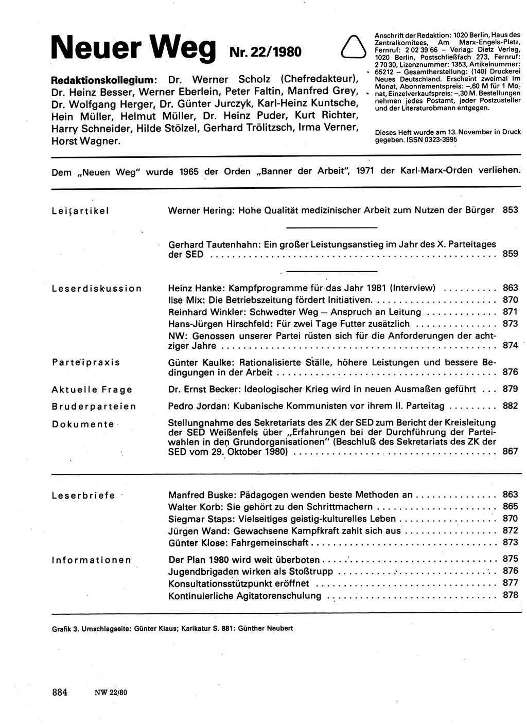 Neuer Weg (NW), Organ des Zentralkomitees (ZK) der SED (Sozialistische Einheitspartei Deutschlands) für Fragen des Parteilebens, 35. Jahrgang [Deutsche Demokratische Republik (DDR)] 1980, Seite 884 (NW ZK SED DDR 1980, S. 884)