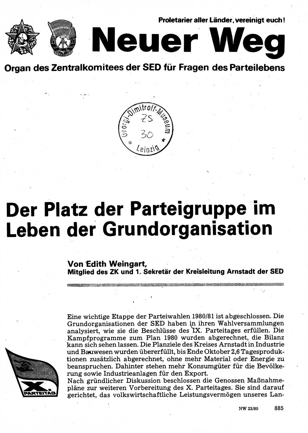 Neuer Weg (NW), Organ des Zentralkomitees (ZK) der SED (Sozialistische Einheitspartei Deutschlands) für Fragen des Parteilebens, 35. Jahrgang [Deutsche Demokratische Republik (DDR)] 1980, Seite 885 (NW ZK SED DDR 1980, S. 885)