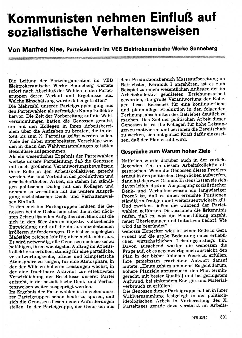 Neuer Weg (NW), Organ des Zentralkomitees (ZK) der SED (Sozialistische Einheitspartei Deutschlands) für Fragen des Parteilebens, 35. Jahrgang [Deutsche Demokratische Republik (DDR)] 1980, Seite 891 (NW ZK SED DDR 1980, S. 891)