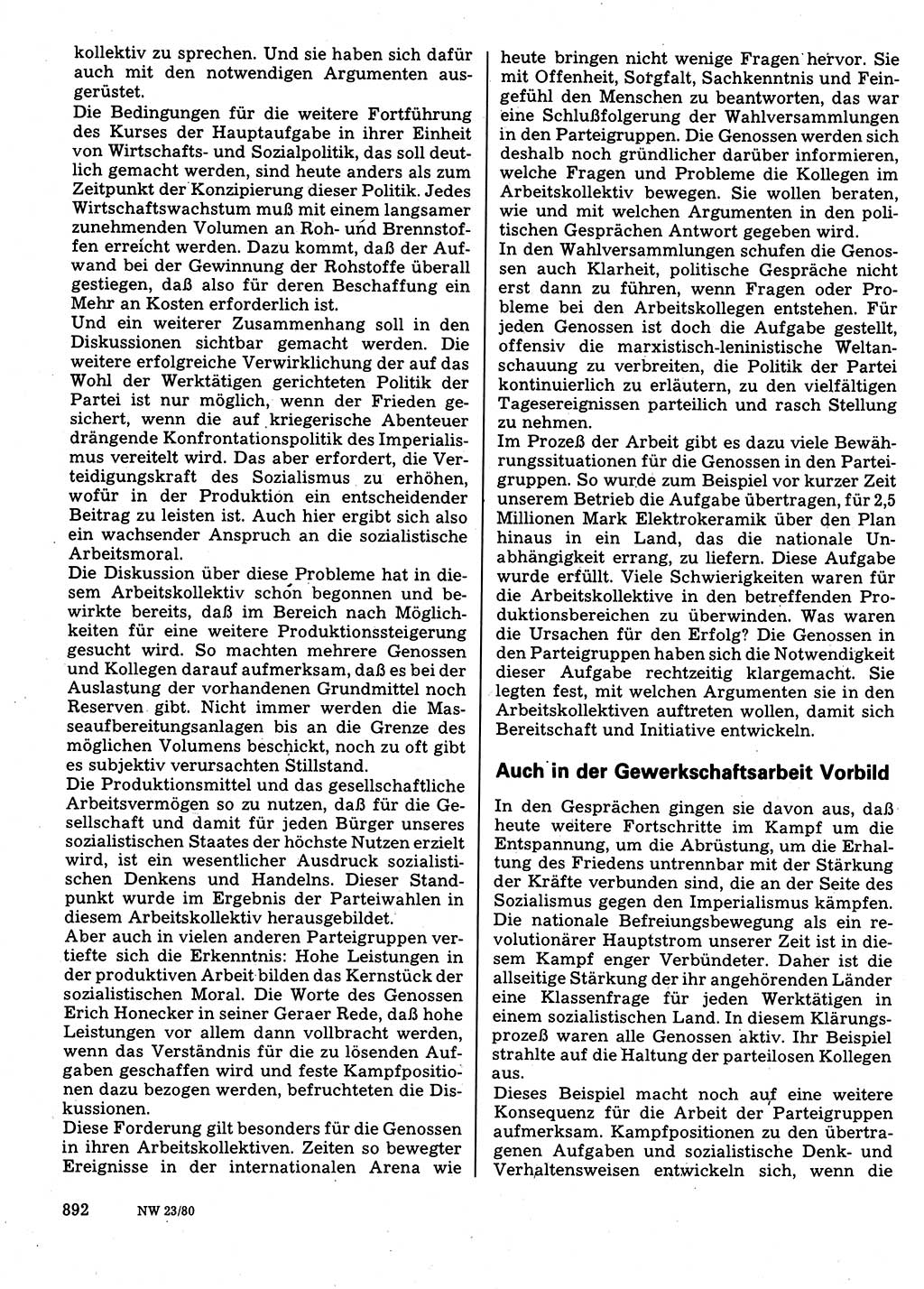 Neuer Weg (NW), Organ des Zentralkomitees (ZK) der SED (Sozialistische Einheitspartei Deutschlands) für Fragen des Parteilebens, 35. Jahrgang [Deutsche Demokratische Republik (DDR)] 1980, Seite 892 (NW ZK SED DDR 1980, S. 892)