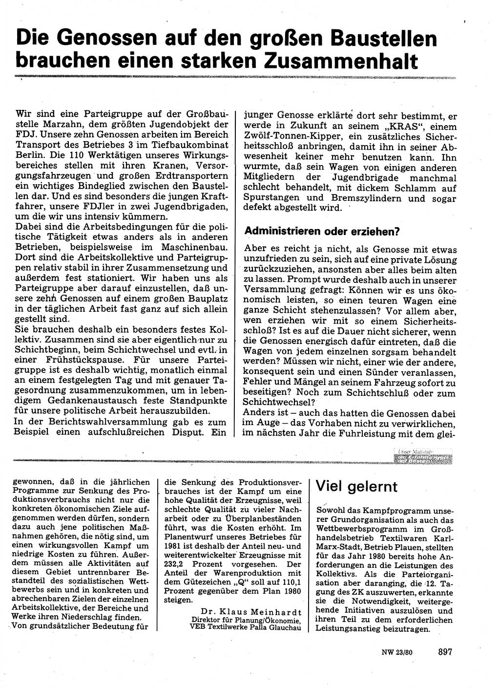 Neuer Weg (NW), Organ des Zentralkomitees (ZK) der SED (Sozialistische Einheitspartei Deutschlands) für Fragen des Parteilebens, 35. Jahrgang [Deutsche Demokratische Republik (DDR)] 1980, Seite 897 (NW ZK SED DDR 1980, S. 897)