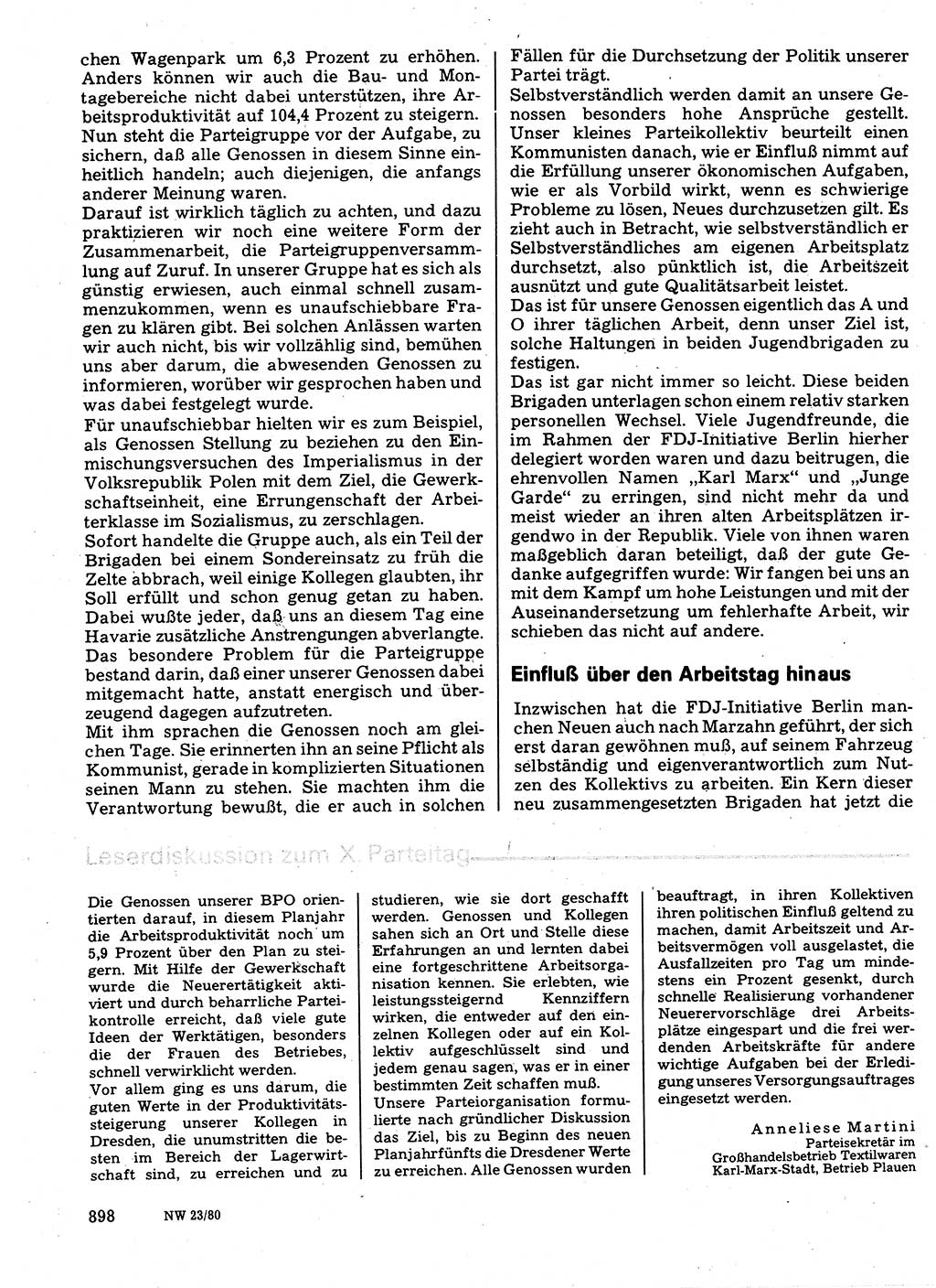 Neuer Weg (NW), Organ des Zentralkomitees (ZK) der SED (Sozialistische Einheitspartei Deutschlands) für Fragen des Parteilebens, 35. Jahrgang [Deutsche Demokratische Republik (DDR)] 1980, Seite 898 (NW ZK SED DDR 1980, S. 898)