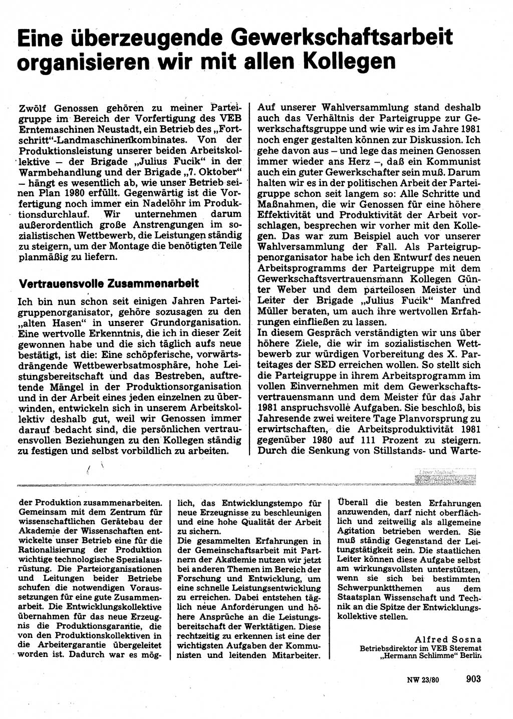 Neuer Weg (NW), Organ des Zentralkomitees (ZK) der SED (Sozialistische Einheitspartei Deutschlands) für Fragen des Parteilebens, 35. Jahrgang [Deutsche Demokratische Republik (DDR)] 1980, Seite 903 (NW ZK SED DDR 1980, S. 903)