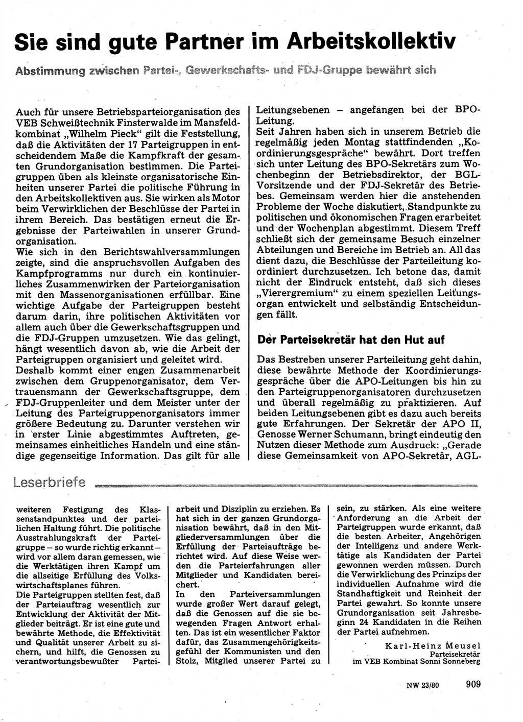 Neuer Weg (NW), Organ des Zentralkomitees (ZK) der SED (Sozialistische Einheitspartei Deutschlands) für Fragen des Parteilebens, 35. Jahrgang [Deutsche Demokratische Republik (DDR)] 1980, Seite 909 (NW ZK SED DDR 1980, S. 909)