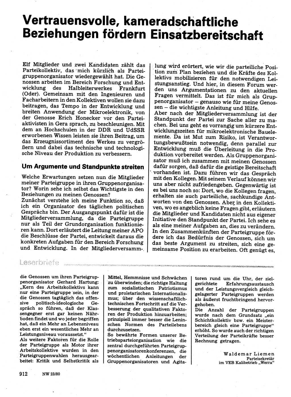 Neuer Weg (NW), Organ des Zentralkomitees (ZK) der SED (Sozialistische Einheitspartei Deutschlands) für Fragen des Parteilebens, 35. Jahrgang [Deutsche Demokratische Republik (DDR)] 1980, Seite 912 (NW ZK SED DDR 1980, S. 912)