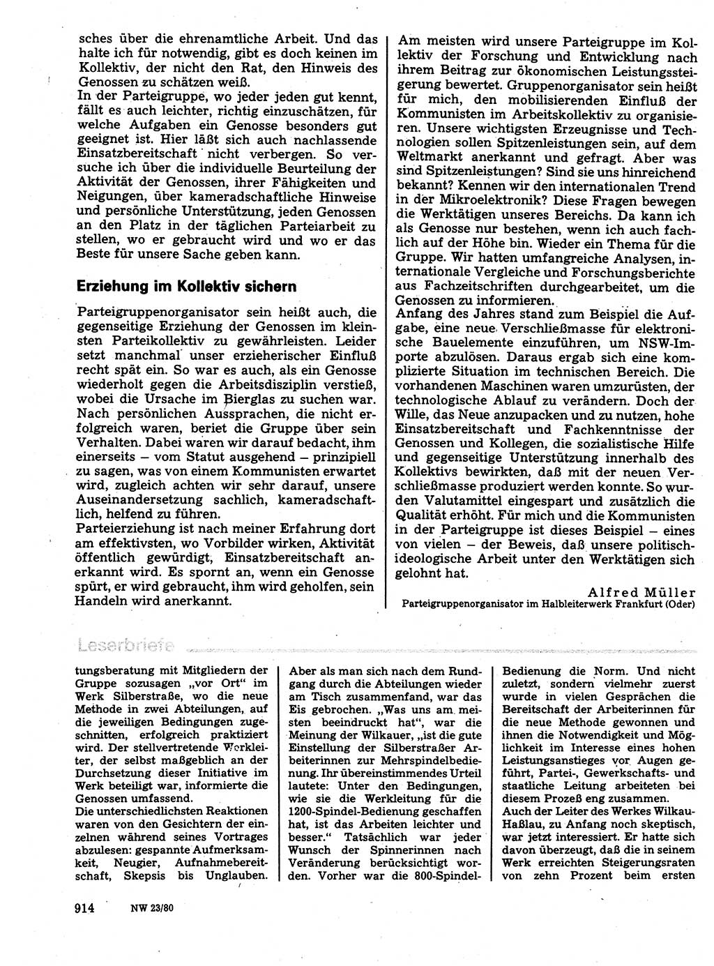 Neuer Weg (NW), Organ des Zentralkomitees (ZK) der SED (Sozialistische Einheitspartei Deutschlands) für Fragen des Parteilebens, 35. Jahrgang [Deutsche Demokratische Republik (DDR)] 1980, Seite 914 (NW ZK SED DDR 1980, S. 914)