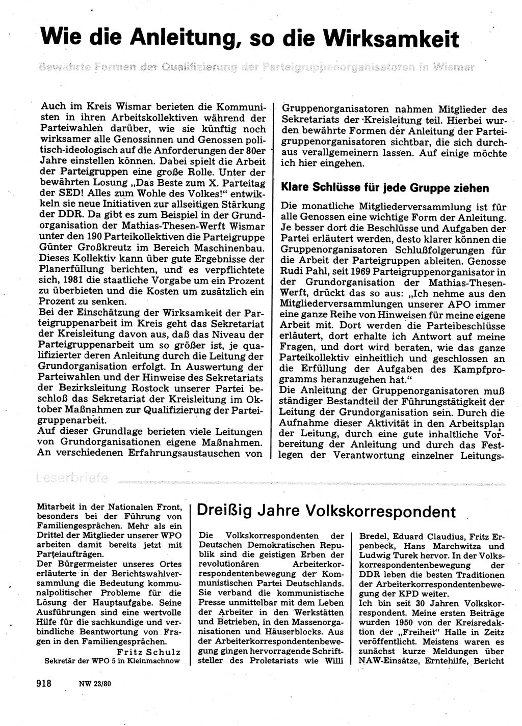Neuer Weg (NW), Organ des Zentralkomitees (ZK) der SED (Sozialistische Einheitspartei Deutschlands) für Fragen des Parteilebens, 35. Jahrgang [Deutsche Demokratische Republik (DDR)] 1980, Seite 918 (NW ZK SED DDR 1980, S. 918)