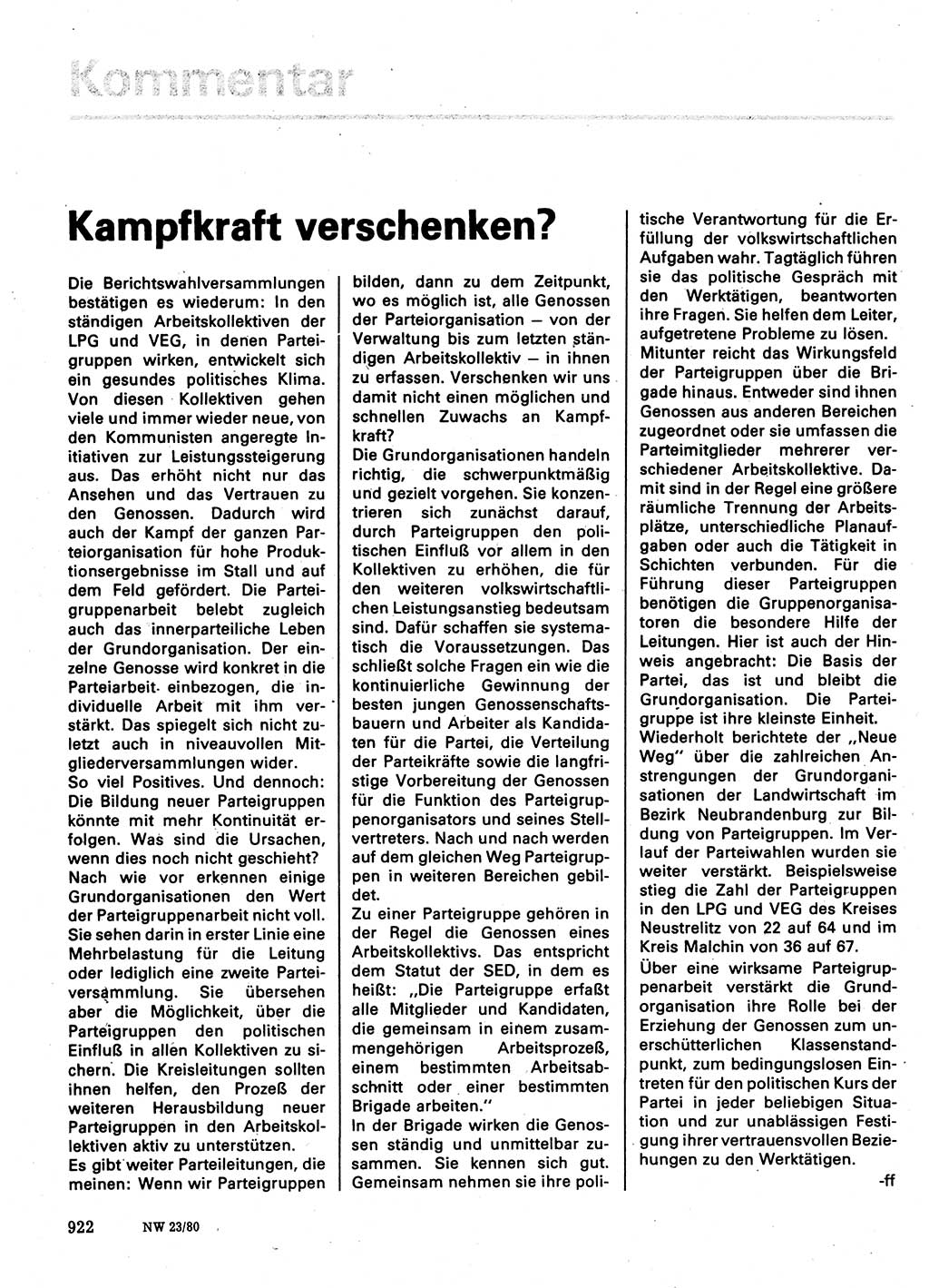 Neuer Weg (NW), Organ des Zentralkomitees (ZK) der SED (Sozialistische Einheitspartei Deutschlands) für Fragen des Parteilebens, 35. Jahrgang [Deutsche Demokratische Republik (DDR)] 1980, Seite 922 (NW ZK SED DDR 1980, S. 922)