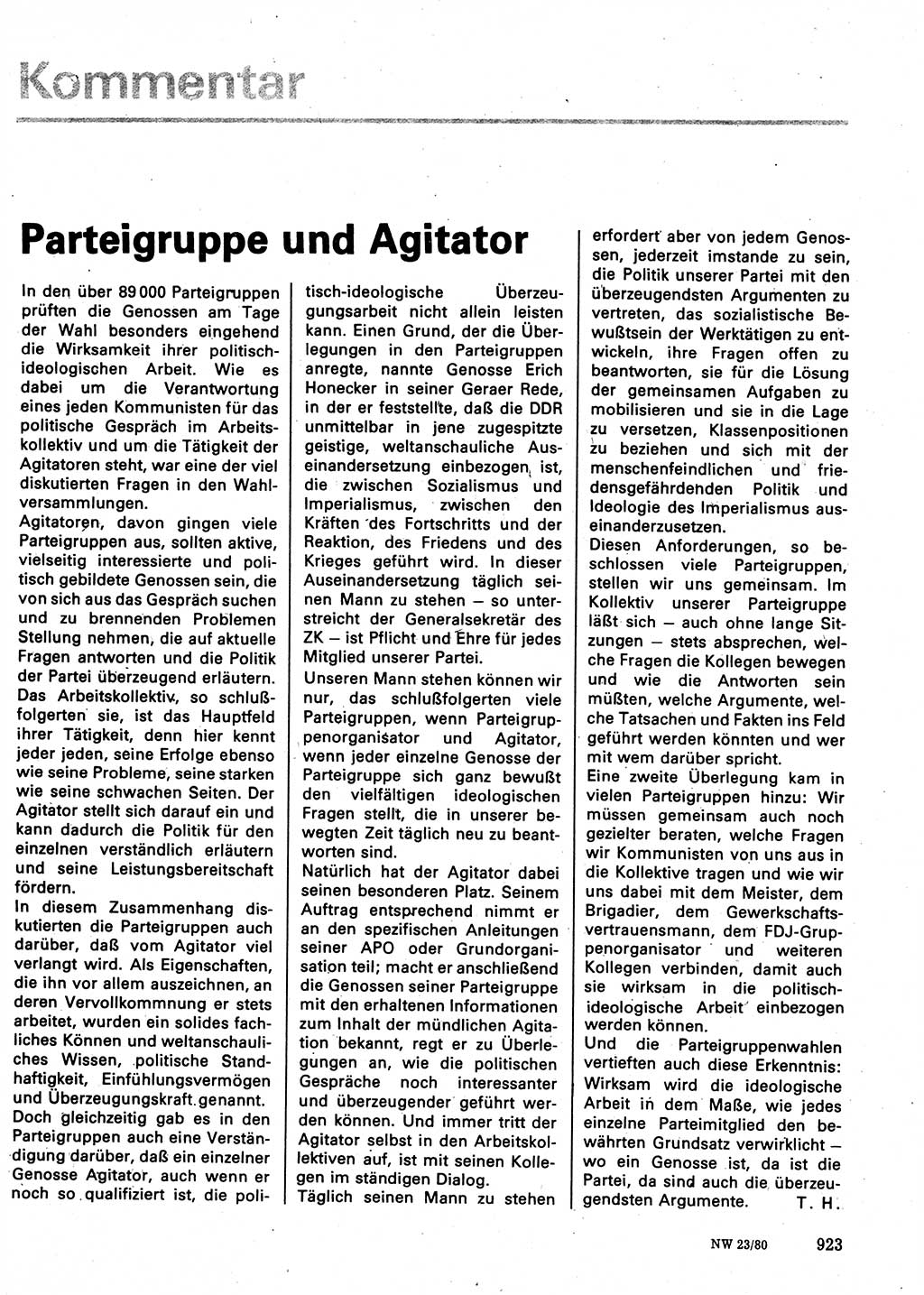 Neuer Weg (NW), Organ des Zentralkomitees (ZK) der SED (Sozialistische Einheitspartei Deutschlands) für Fragen des Parteilebens, 35. Jahrgang [Deutsche Demokratische Republik (DDR)] 1980, Seite 923 (NW ZK SED DDR 1980, S. 923)
