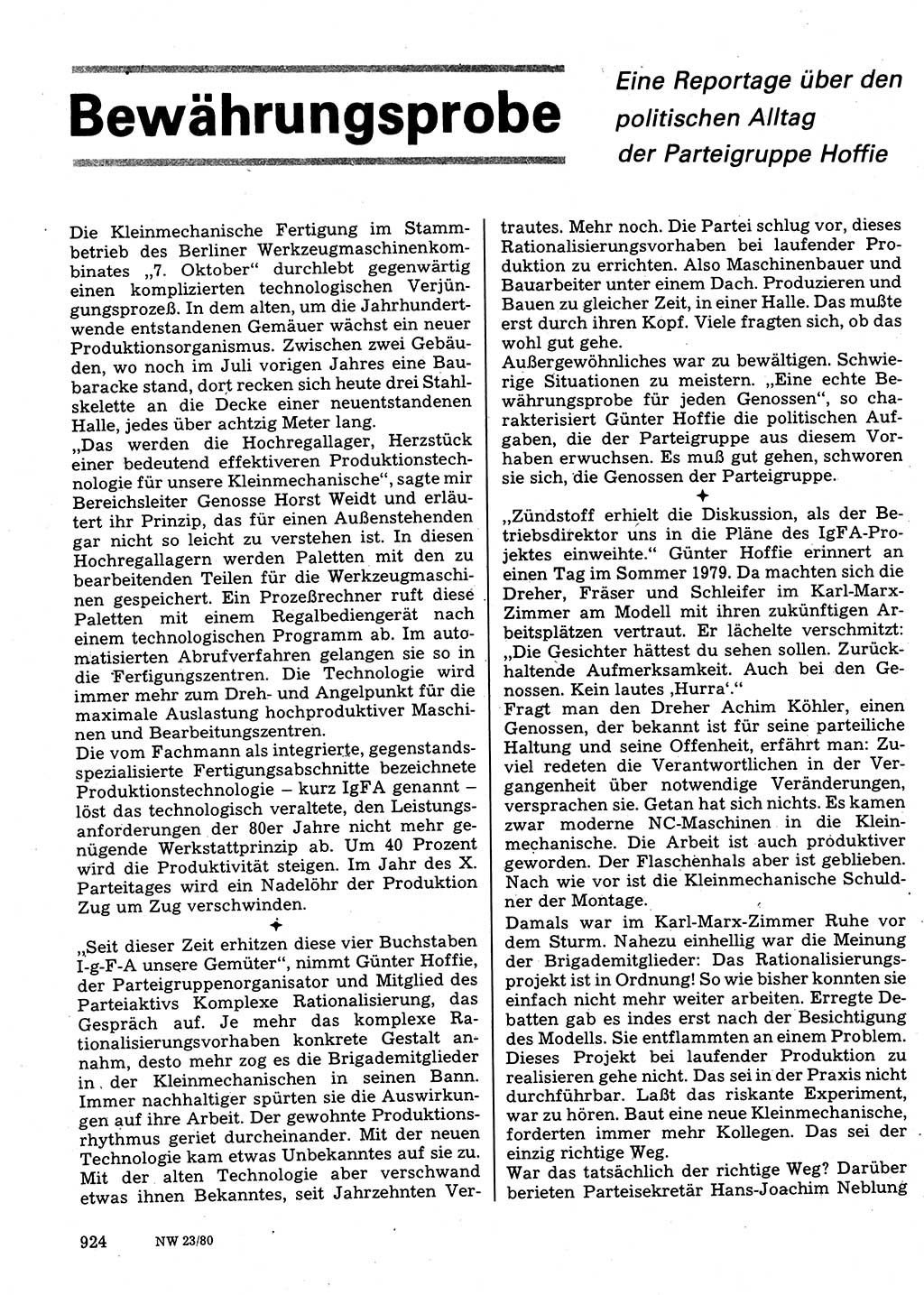 Neuer Weg (NW), Organ des Zentralkomitees (ZK) der SED (Sozialistische Einheitspartei Deutschlands) für Fragen des Parteilebens, 35. Jahrgang [Deutsche Demokratische Republik (DDR)] 1980, Seite 924 (NW ZK SED DDR 1980, S. 924)