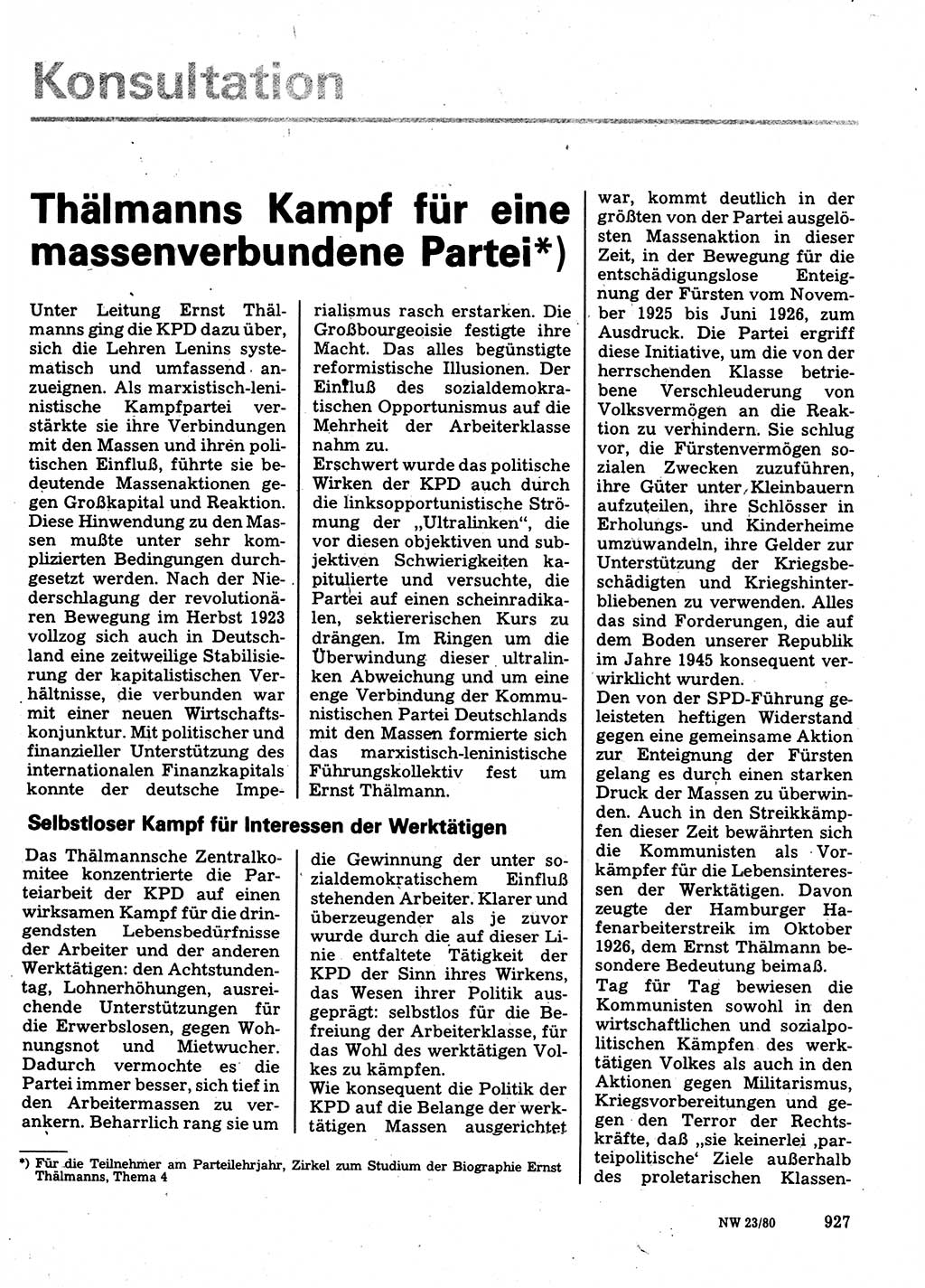 Neuer Weg (NW), Organ des Zentralkomitees (ZK) der SED (Sozialistische Einheitspartei Deutschlands) für Fragen des Parteilebens, 35. Jahrgang [Deutsche Demokratische Republik (DDR)] 1980, Seite 927 (NW ZK SED DDR 1980, S. 927)
