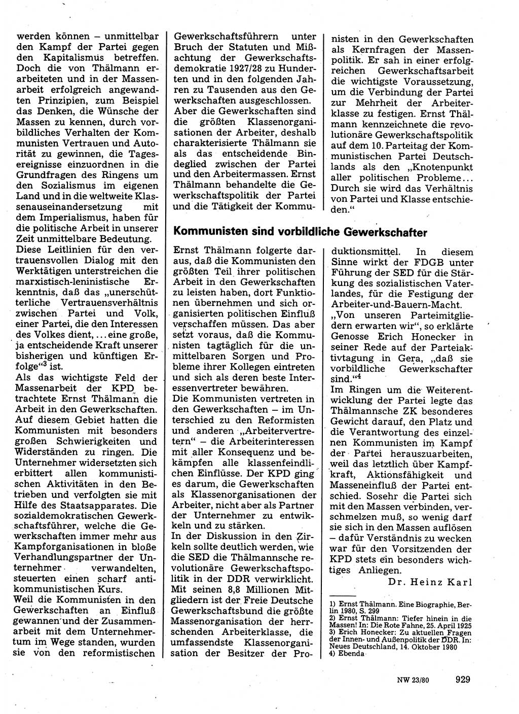 Neuer Weg (NW), Organ des Zentralkomitees (ZK) der SED (Sozialistische Einheitspartei Deutschlands) für Fragen des Parteilebens, 35. Jahrgang [Deutsche Demokratische Republik (DDR)] 1980, Seite 929 (NW ZK SED DDR 1980, S. 929)