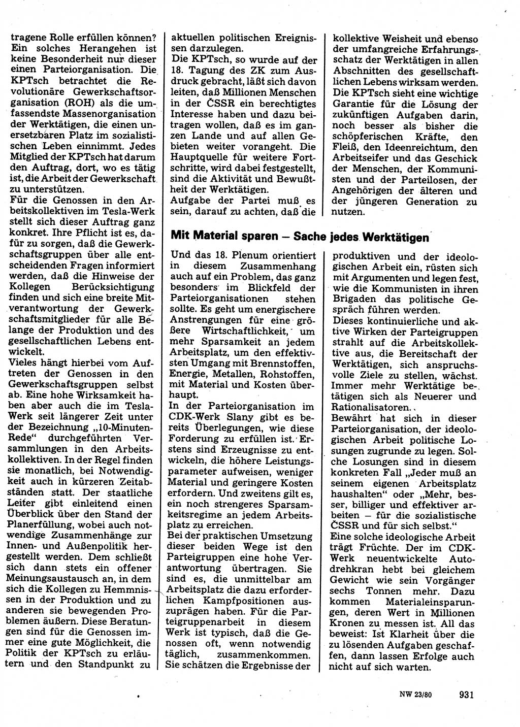 Neuer Weg (NW), Organ des Zentralkomitees (ZK) der SED (Sozialistische Einheitspartei Deutschlands) für Fragen des Parteilebens, 35. Jahrgang [Deutsche Demokratische Republik (DDR)] 1980, Seite 931 (NW ZK SED DDR 1980, S. 931)