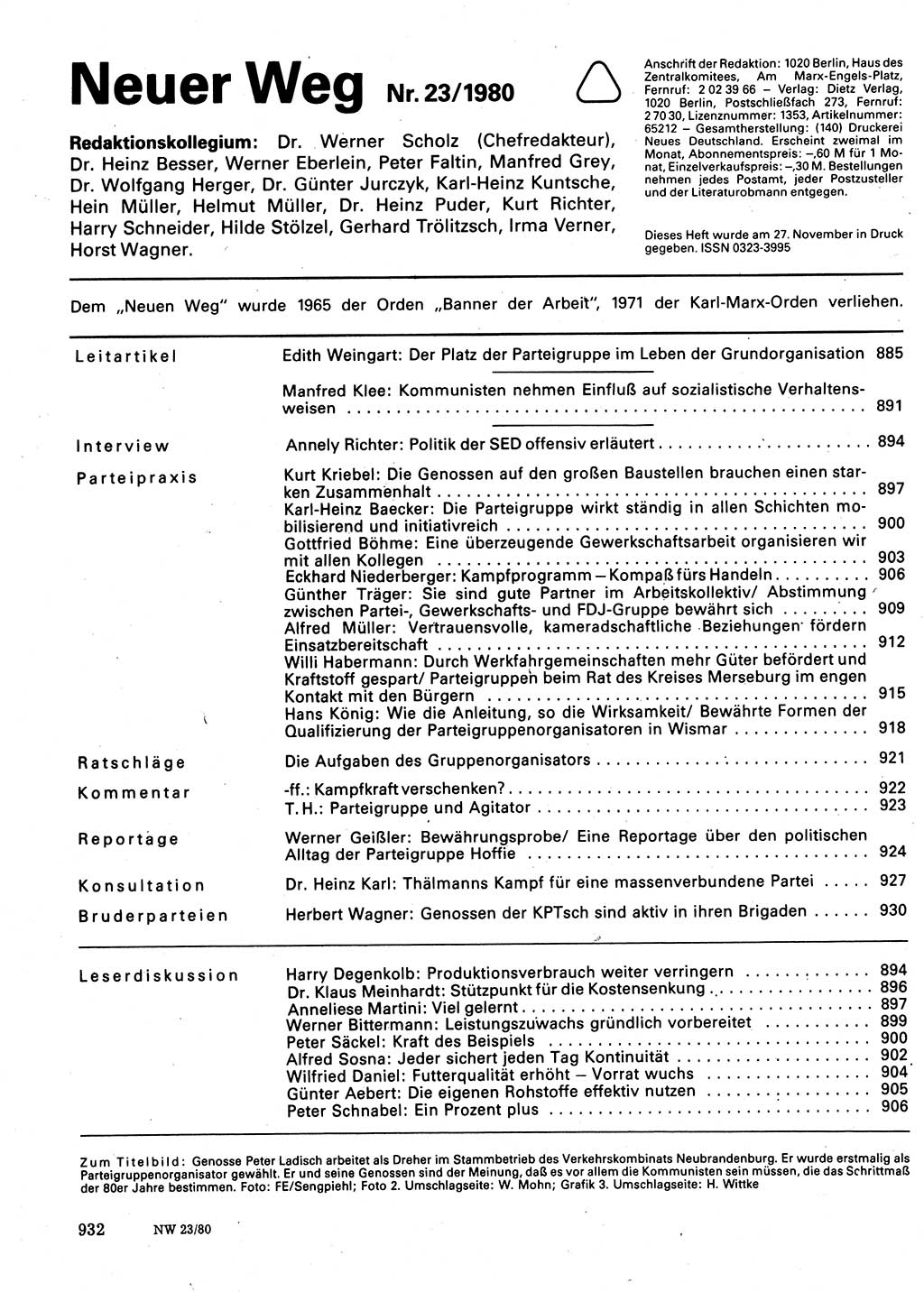 Neuer Weg (NW), Organ des Zentralkomitees (ZK) der SED (Sozialistische Einheitspartei Deutschlands) für Fragen des Parteilebens, 35. Jahrgang [Deutsche Demokratische Republik (DDR)] 1980, Seite 932 (NW ZK SED DDR 1980, S. 932)