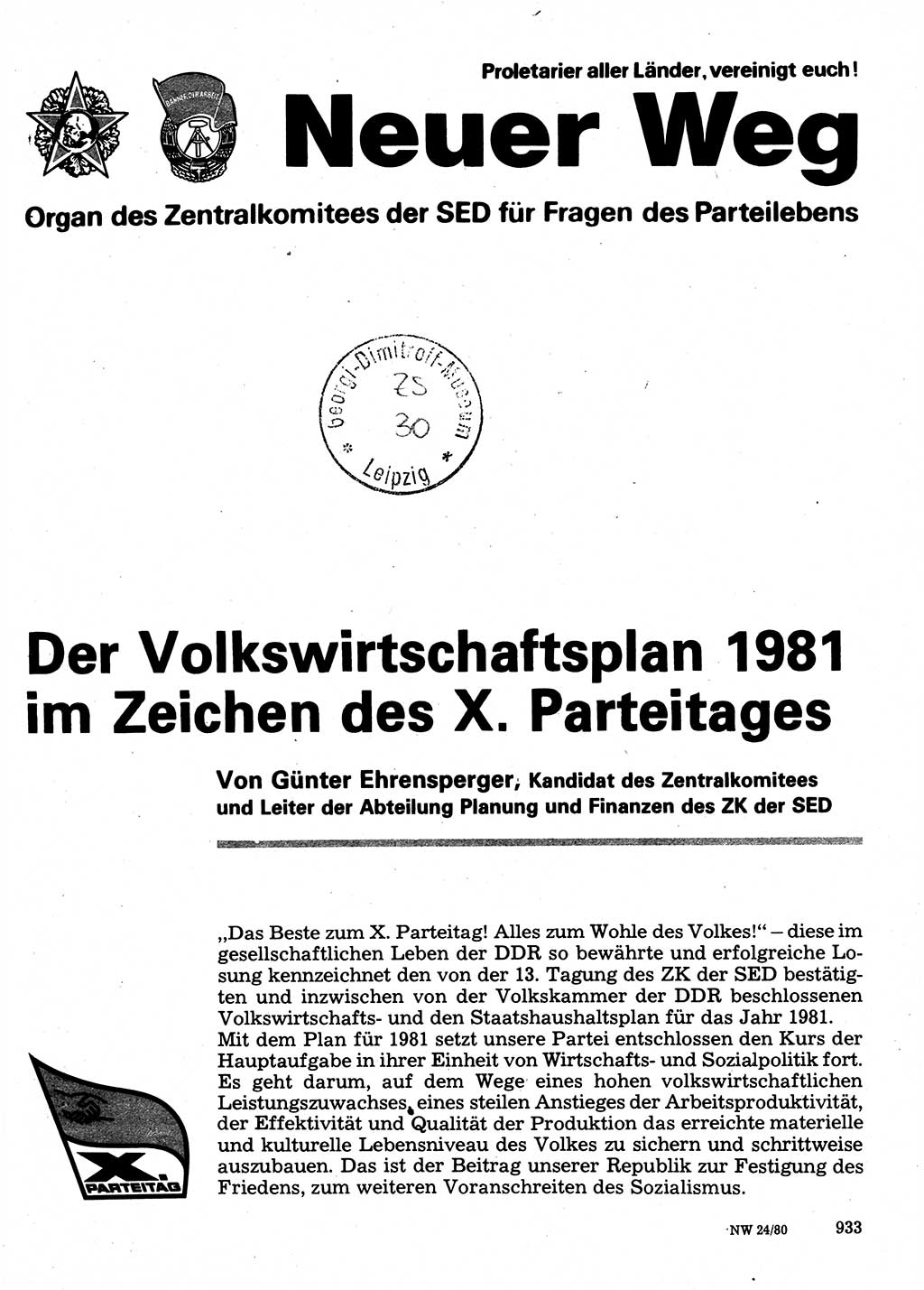 Neuer Weg (NW), Organ des Zentralkomitees (ZK) der SED (Sozialistische Einheitspartei Deutschlands) für Fragen des Parteilebens, 35. Jahrgang [Deutsche Demokratische Republik (DDR)] 1980, Seite 933 (NW ZK SED DDR 1980, S. 933)