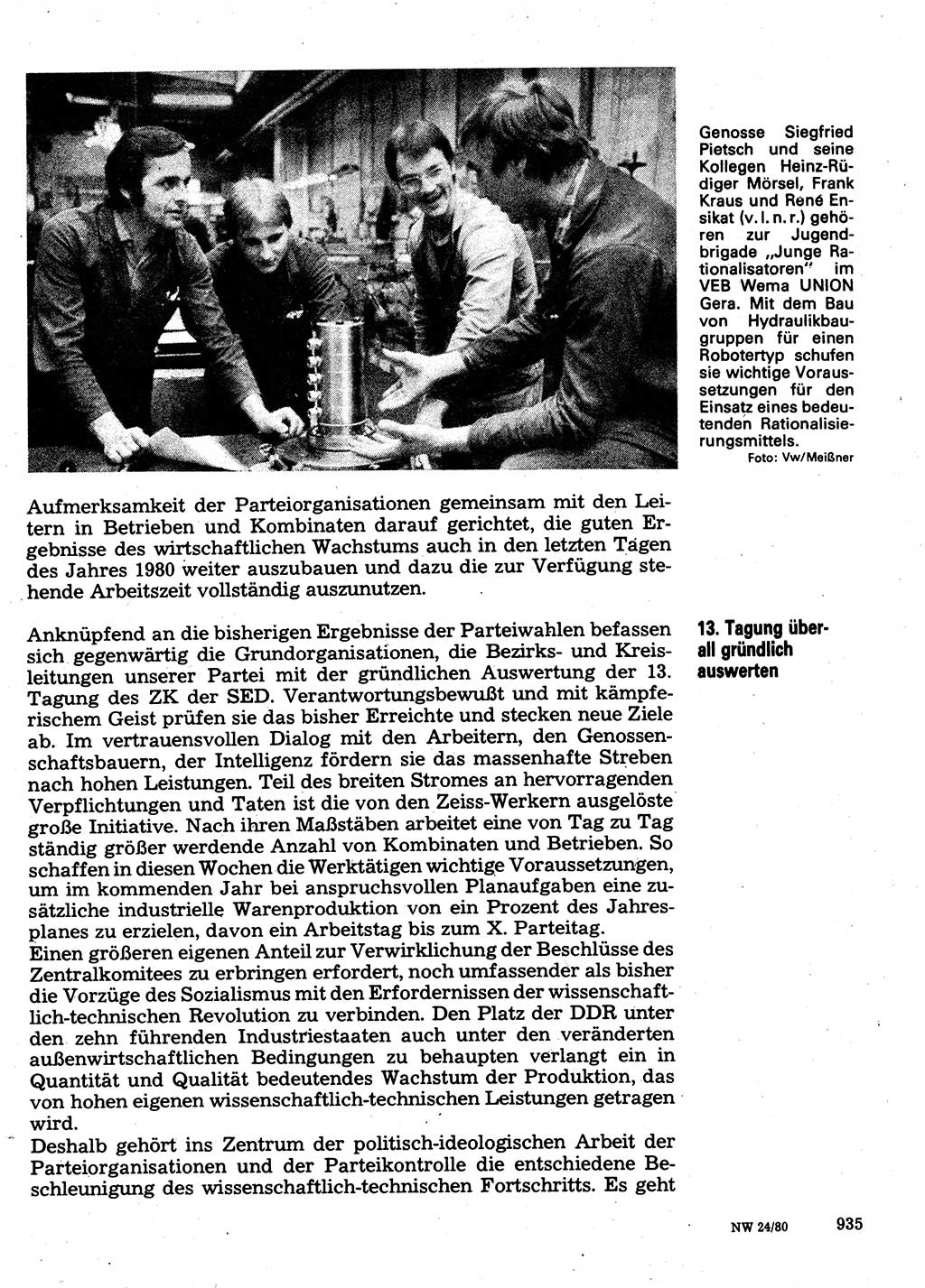 Neuer Weg (NW), Organ des Zentralkomitees (ZK) der SED (Sozialistische Einheitspartei Deutschlands) für Fragen des Parteilebens, 35. Jahrgang [Deutsche Demokratische Republik (DDR)] 1980, Seite 935 (NW ZK SED DDR 1980, S. 935)