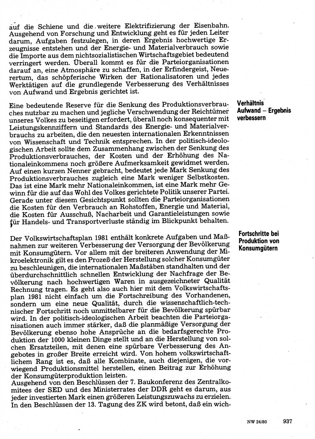 Neuer Weg (NW), Organ des Zentralkomitees (ZK) der SED (Sozialistische Einheitspartei Deutschlands) für Fragen des Parteilebens, 35. Jahrgang [Deutsche Demokratische Republik (DDR)] 1980, Seite 937 (NW ZK SED DDR 1980, S. 937)