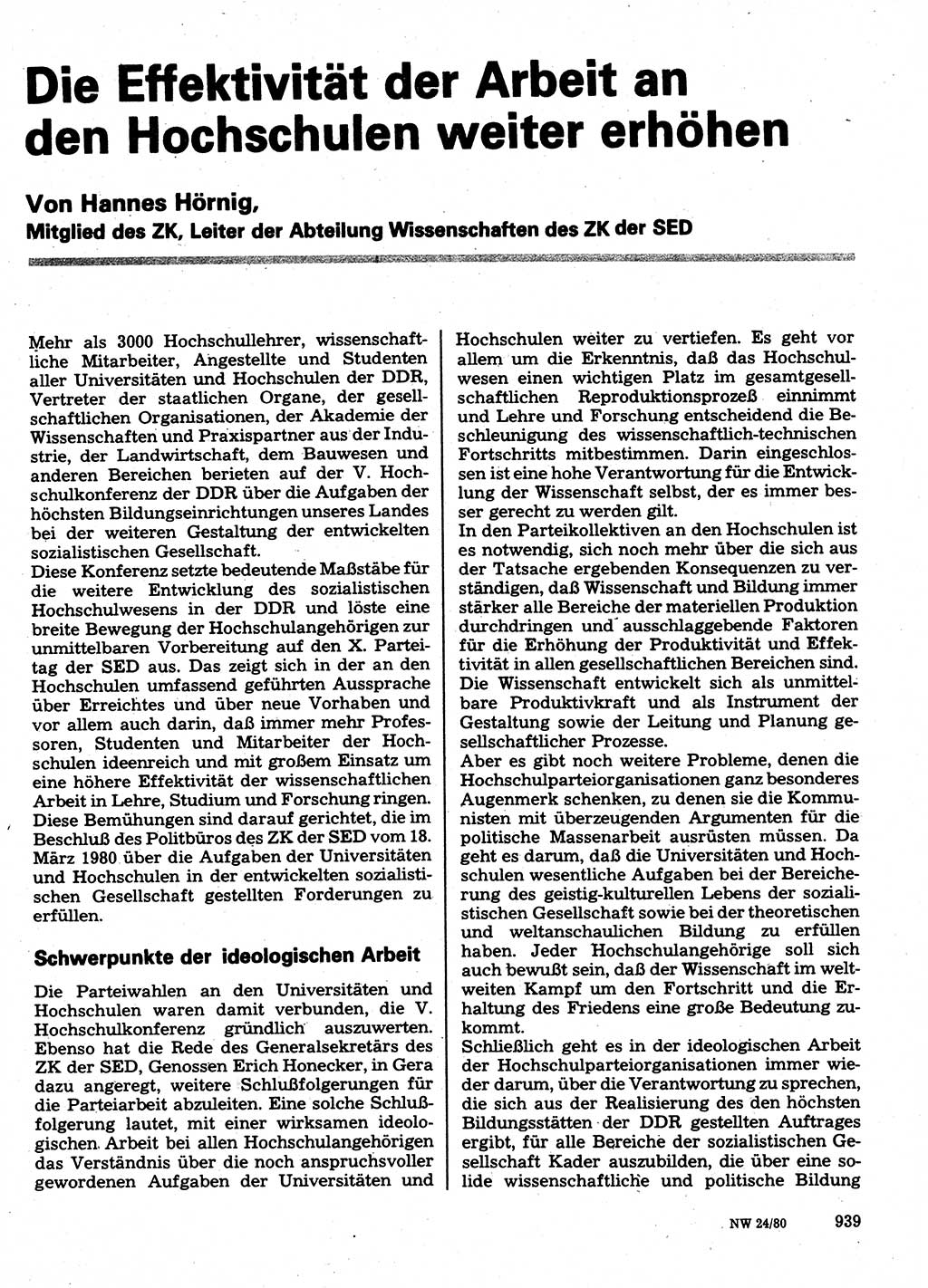 Neuer Weg (NW), Organ des Zentralkomitees (ZK) der SED (Sozialistische Einheitspartei Deutschlands) für Fragen des Parteilebens, 35. Jahrgang [Deutsche Demokratische Republik (DDR)] 1980, Seite 939 (NW ZK SED DDR 1980, S. 939)