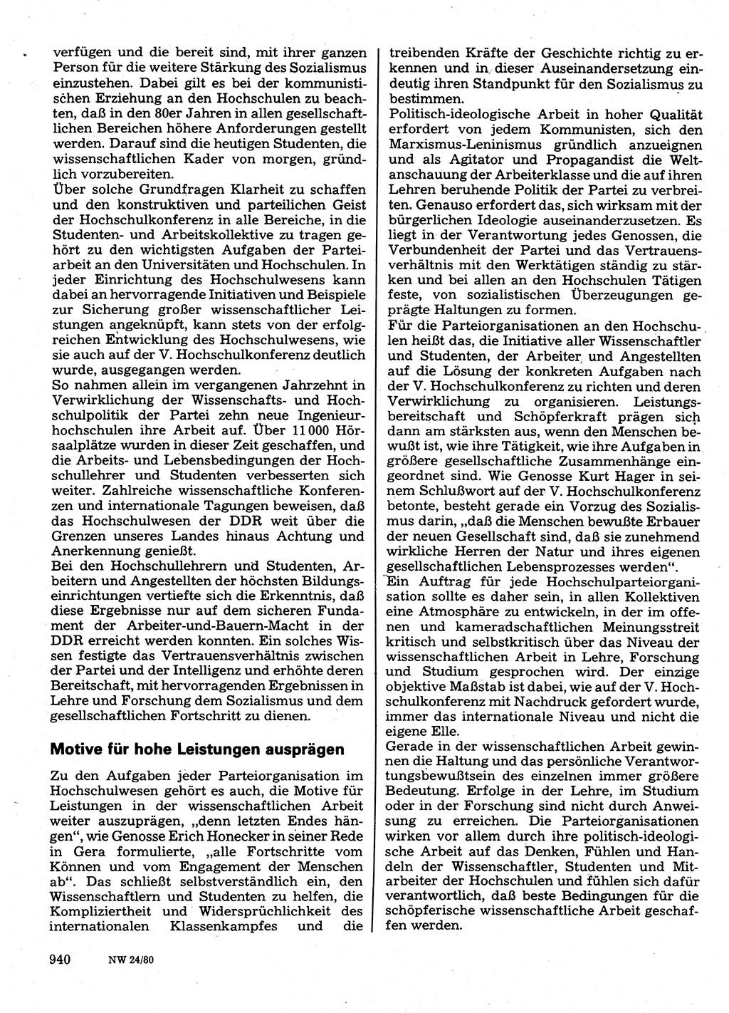 Neuer Weg (NW), Organ des Zentralkomitees (ZK) der SED (Sozialistische Einheitspartei Deutschlands) für Fragen des Parteilebens, 35. Jahrgang [Deutsche Demokratische Republik (DDR)] 1980, Seite 940 (NW ZK SED DDR 1980, S. 940)