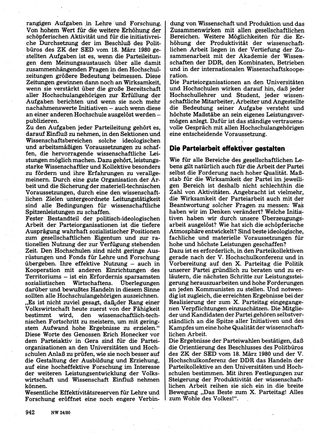 Neuer Weg (NW), Organ des Zentralkomitees (ZK) der SED (Sozialistische Einheitspartei Deutschlands) für Fragen des Parteilebens, 35. Jahrgang [Deutsche Demokratische Republik (DDR)] 1980, Seite 942 (NW ZK SED DDR 1980, S. 942)