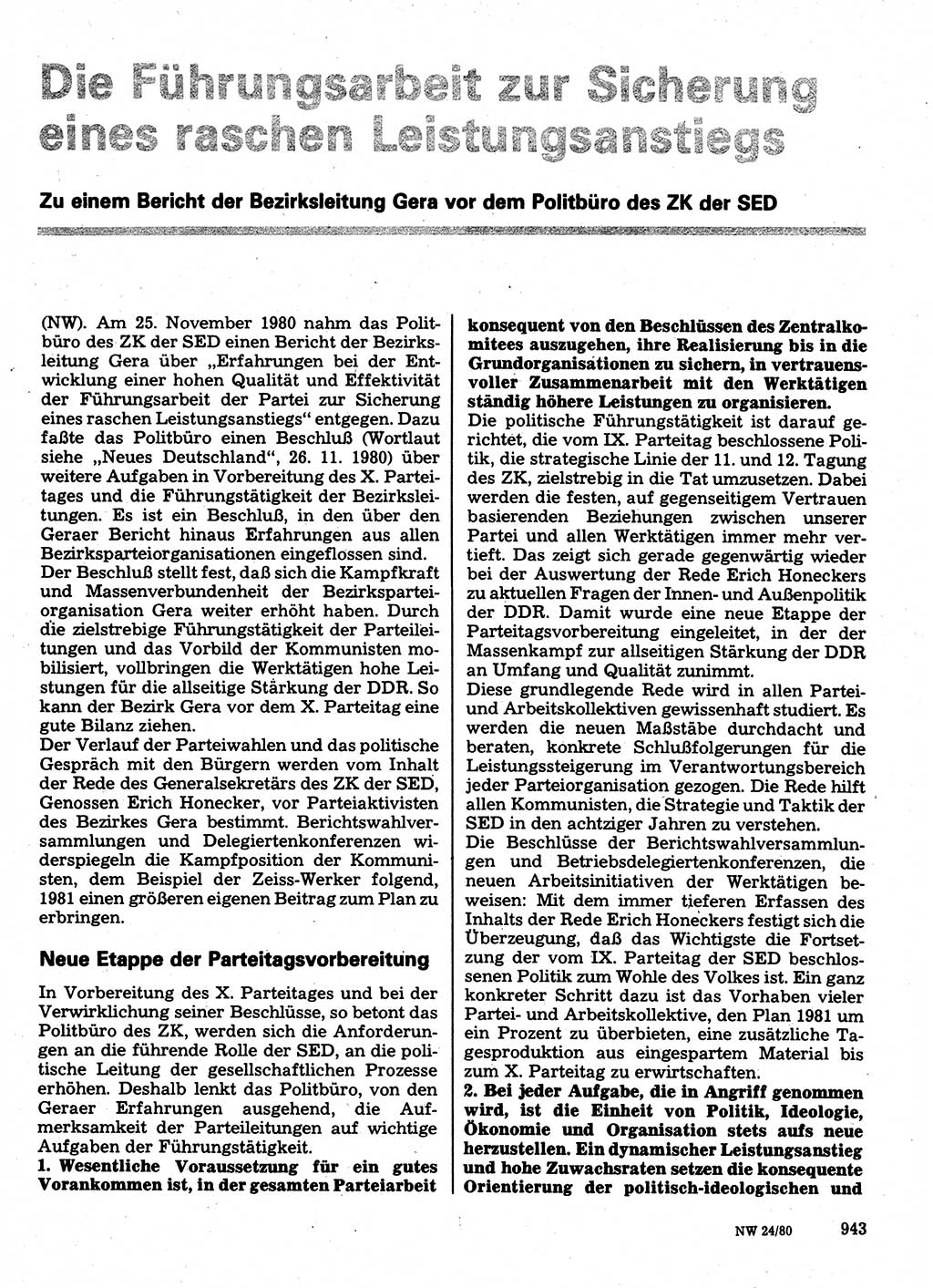 Neuer Weg (NW), Organ des Zentralkomitees (ZK) der SED (Sozialistische Einheitspartei Deutschlands) für Fragen des Parteilebens, 35. Jahrgang [Deutsche Demokratische Republik (DDR)] 1980, Seite 943 (NW ZK SED DDR 1980, S. 943)