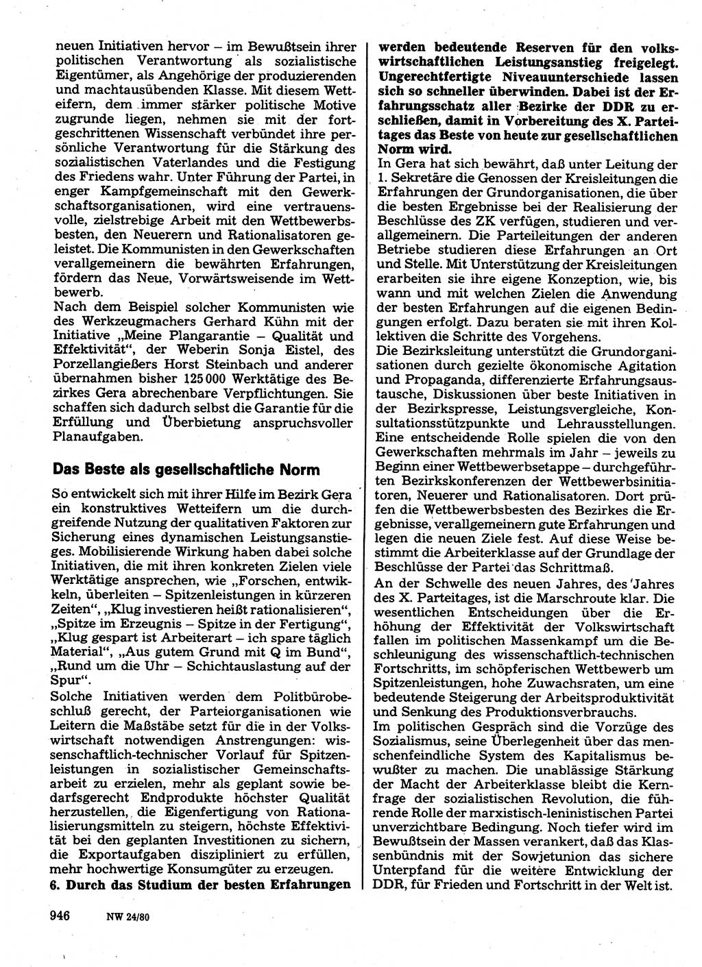 Neuer Weg (NW), Organ des Zentralkomitees (ZK) der SED (Sozialistische Einheitspartei Deutschlands) für Fragen des Parteilebens, 35. Jahrgang [Deutsche Demokratische Republik (DDR)] 1980, Seite 946 (NW ZK SED DDR 1980, S. 946)