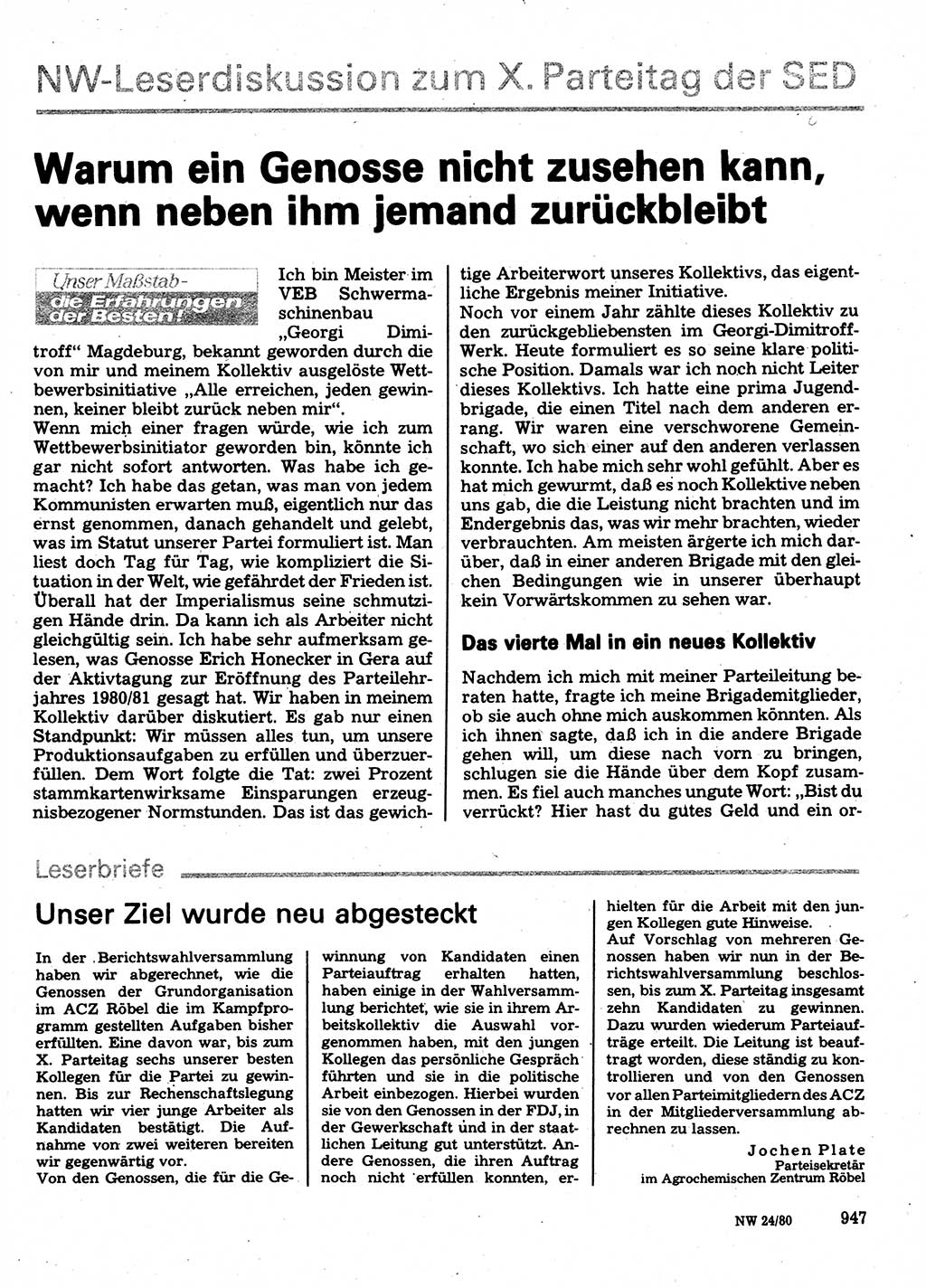 Neuer Weg (NW), Organ des Zentralkomitees (ZK) der SED (Sozialistische Einheitspartei Deutschlands) für Fragen des Parteilebens, 35. Jahrgang [Deutsche Demokratische Republik (DDR)] 1980, Seite 947 (NW ZK SED DDR 1980, S. 947)