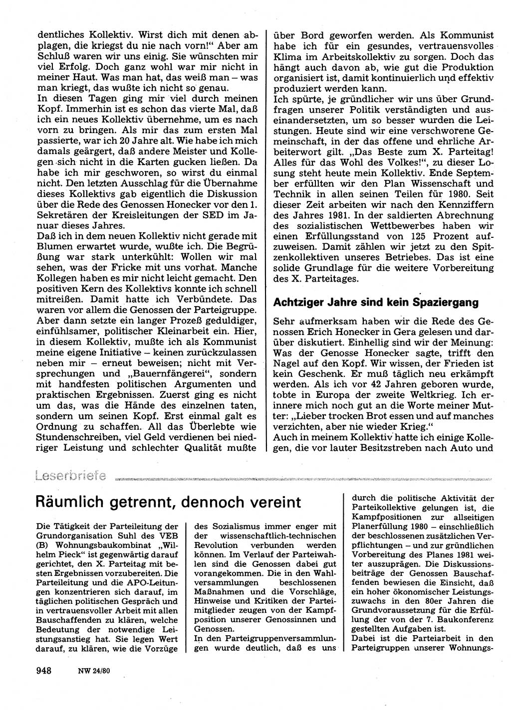 Neuer Weg (NW), Organ des Zentralkomitees (ZK) der SED (Sozialistische Einheitspartei Deutschlands) für Fragen des Parteilebens, 35. Jahrgang [Deutsche Demokratische Republik (DDR)] 1980, Seite 948 (NW ZK SED DDR 1980, S. 948)