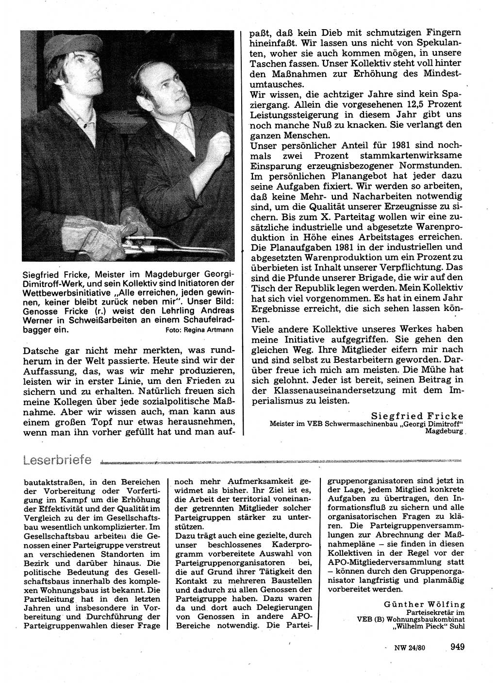 Neuer Weg (NW), Organ des Zentralkomitees (ZK) der SED (Sozialistische Einheitspartei Deutschlands) für Fragen des Parteilebens, 35. Jahrgang [Deutsche Demokratische Republik (DDR)] 1980, Seite 949 (NW ZK SED DDR 1980, S. 949)