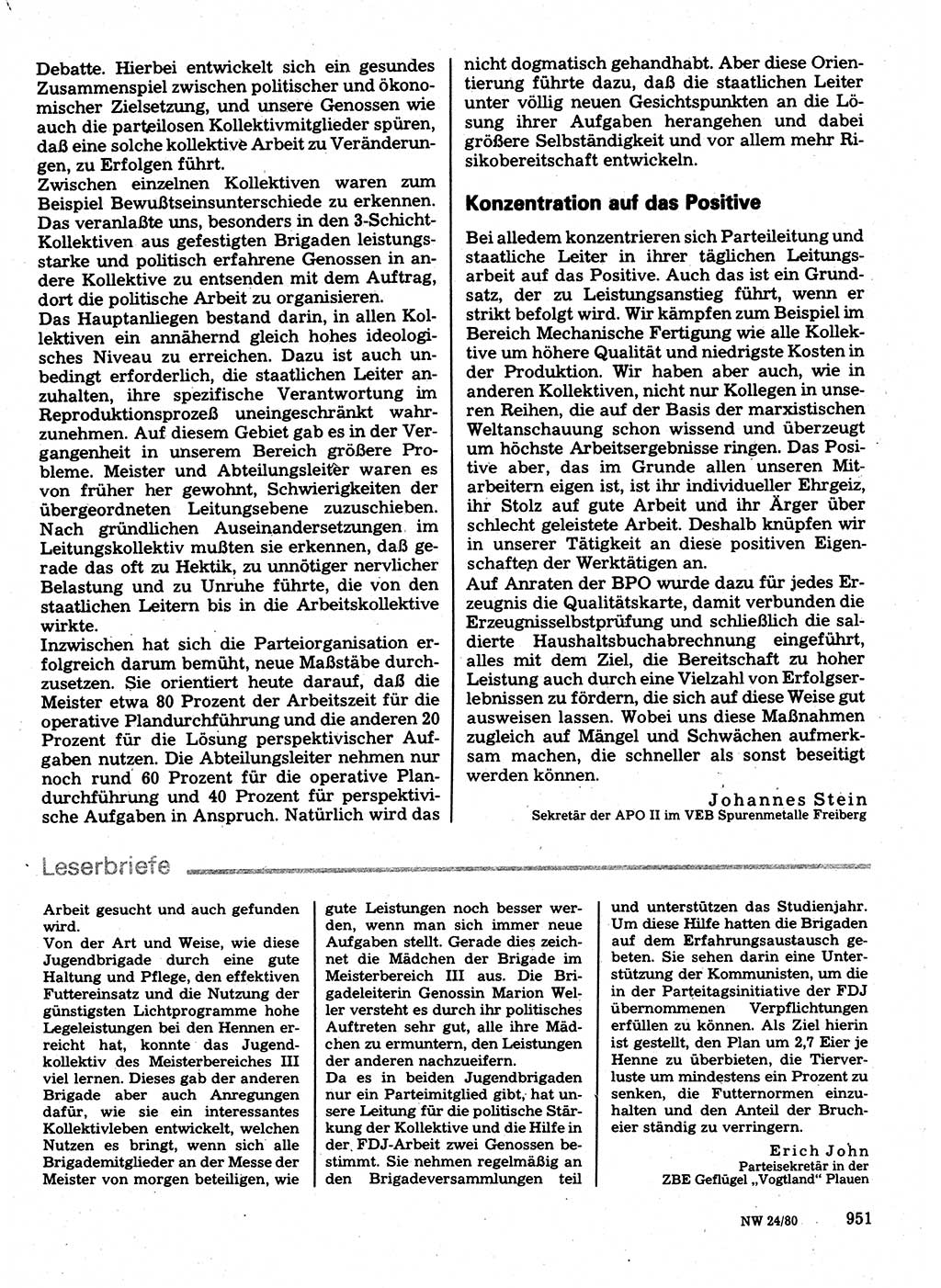 Neuer Weg (NW), Organ des Zentralkomitees (ZK) der SED (Sozialistische Einheitspartei Deutschlands) für Fragen des Parteilebens, 35. Jahrgang [Deutsche Demokratische Republik (DDR)] 1980, Seite 951 (NW ZK SED DDR 1980, S. 951)