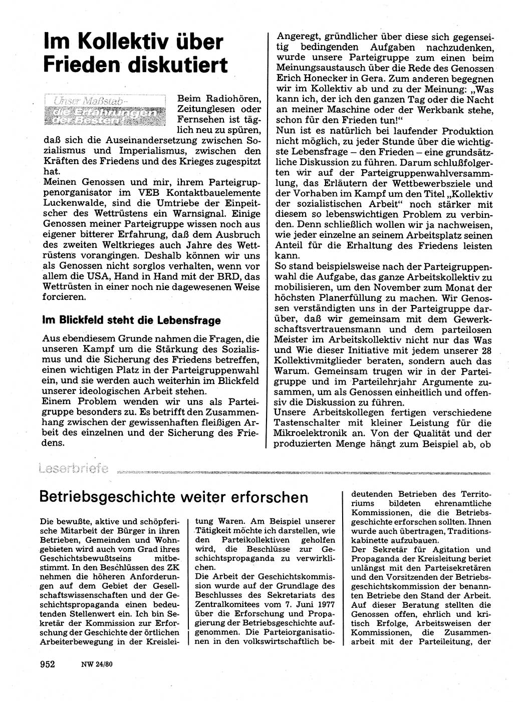 Neuer Weg (NW), Organ des Zentralkomitees (ZK) der SED (Sozialistische Einheitspartei Deutschlands) für Fragen des Parteilebens, 35. Jahrgang [Deutsche Demokratische Republik (DDR)] 1980, Seite 952 (NW ZK SED DDR 1980, S. 952)