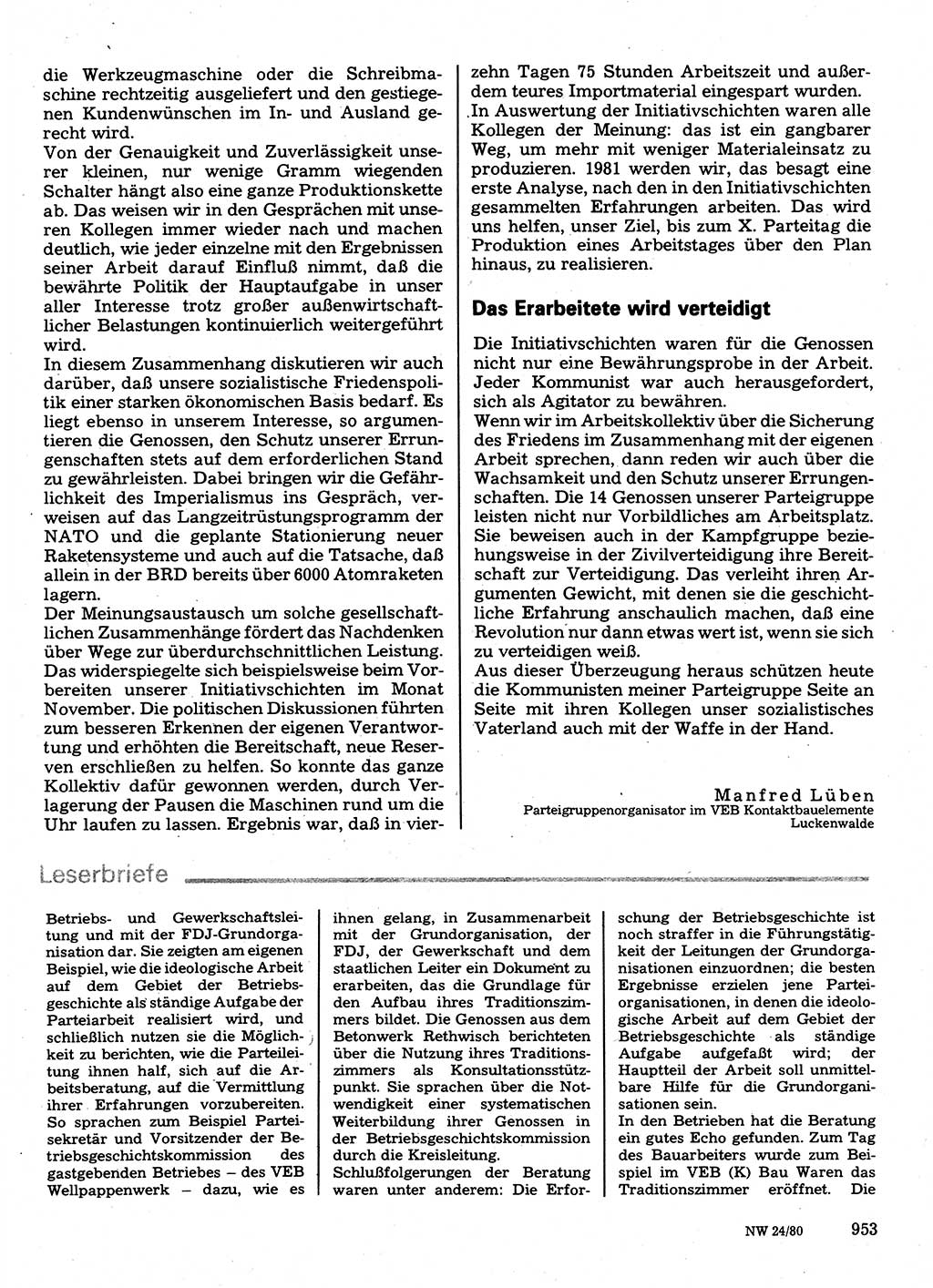 Neuer Weg (NW), Organ des Zentralkomitees (ZK) der SED (Sozialistische Einheitspartei Deutschlands) für Fragen des Parteilebens, 35. Jahrgang [Deutsche Demokratische Republik (DDR)] 1980, Seite 953 (NW ZK SED DDR 1980, S. 953)