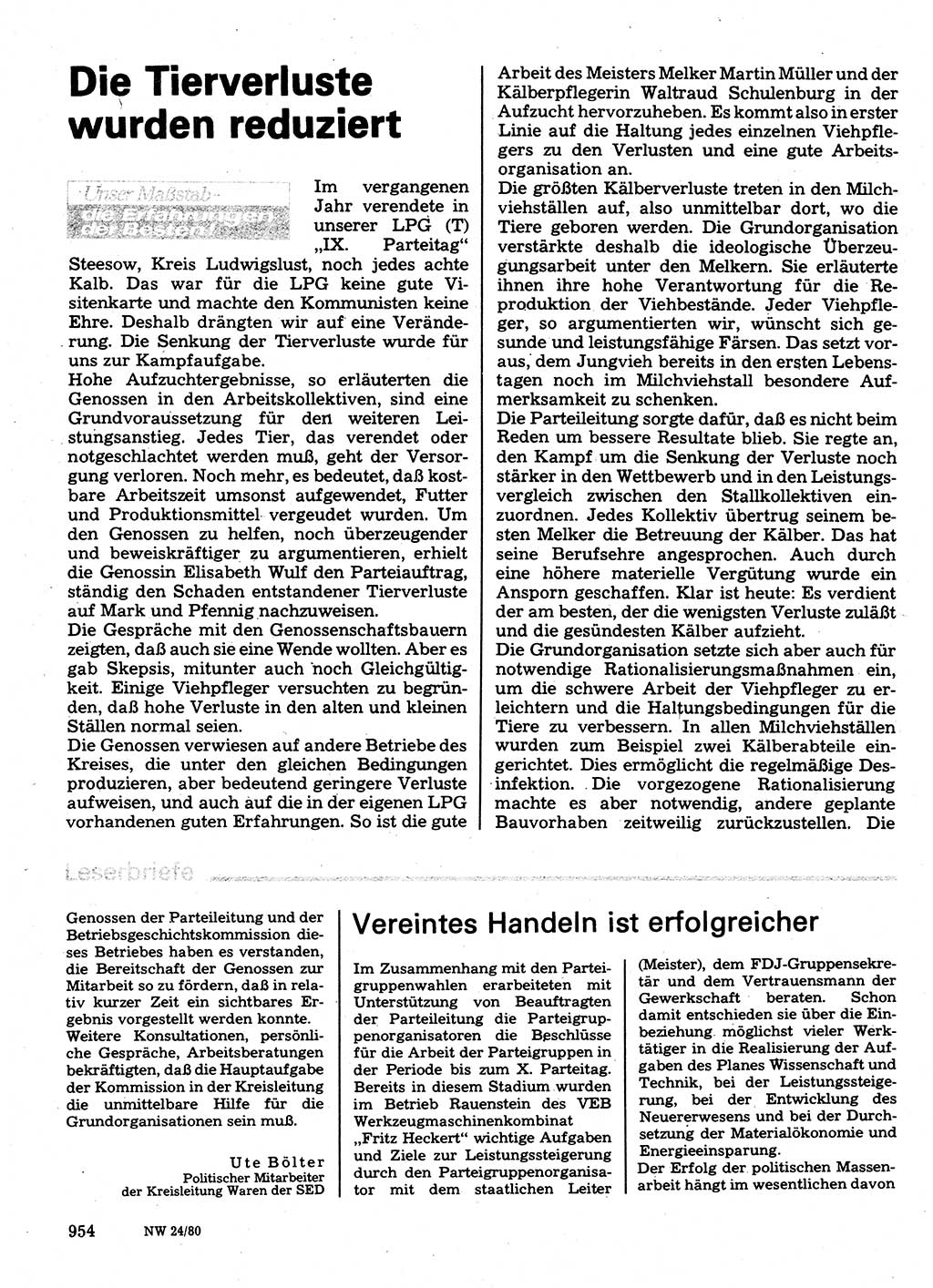 Neuer Weg (NW), Organ des Zentralkomitees (ZK) der SED (Sozialistische Einheitspartei Deutschlands) für Fragen des Parteilebens, 35. Jahrgang [Deutsche Demokratische Republik (DDR)] 1980, Seite 954 (NW ZK SED DDR 1980, S. 954)