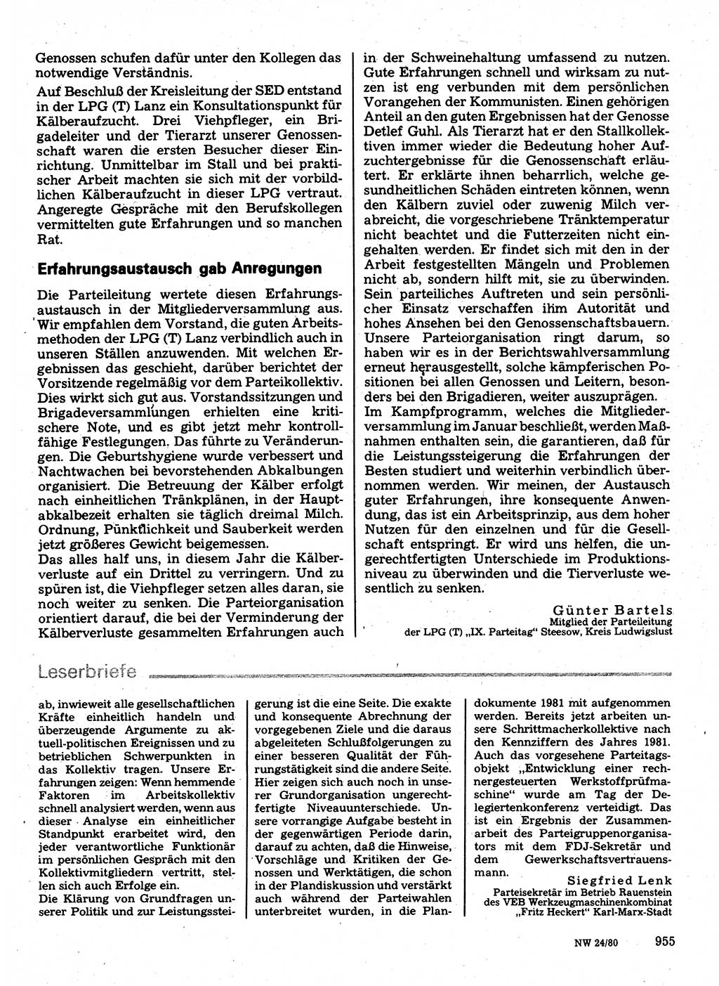 Neuer Weg (NW), Organ des Zentralkomitees (ZK) der SED (Sozialistische Einheitspartei Deutschlands) für Fragen des Parteilebens, 35. Jahrgang [Deutsche Demokratische Republik (DDR)] 1980, Seite 955 (NW ZK SED DDR 1980, S. 955)