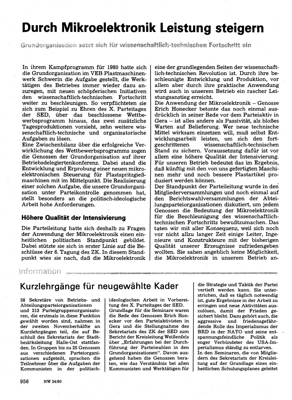 Neuer Weg (NW), Organ des Zentralkomitees (ZK) der SED (Sozialistische Einheitspartei Deutschlands) für Fragen des Parteilebens, 35. Jahrgang [Deutsche Demokratische Republik (DDR)] 1980, Seite 956 (NW ZK SED DDR 1980, S. 956)